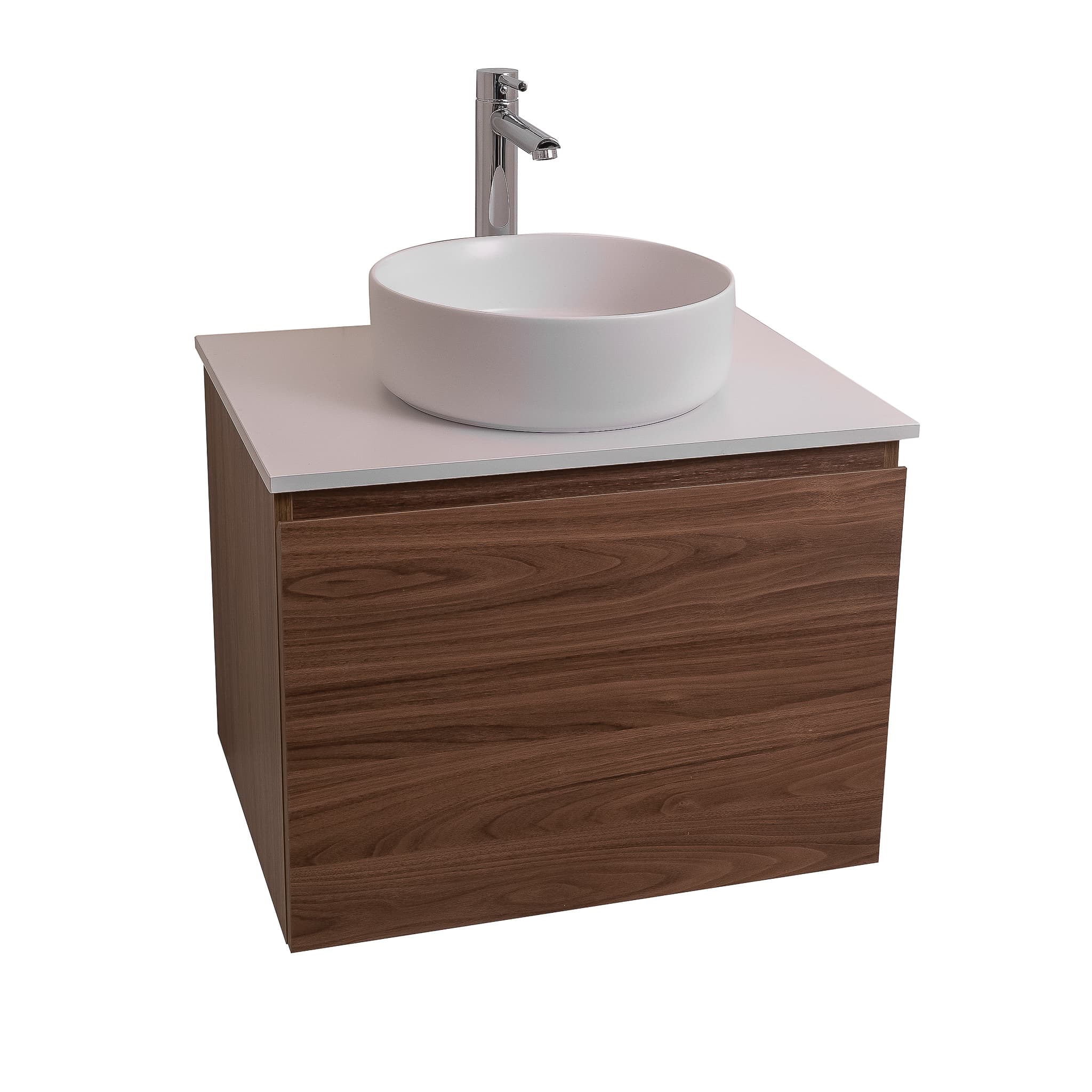 Venice 23.5 Walnut Wood Texture Cabinet, Ares White Top And Ares White Ceramic Basin, Wall Mounted Modern Vanity Set