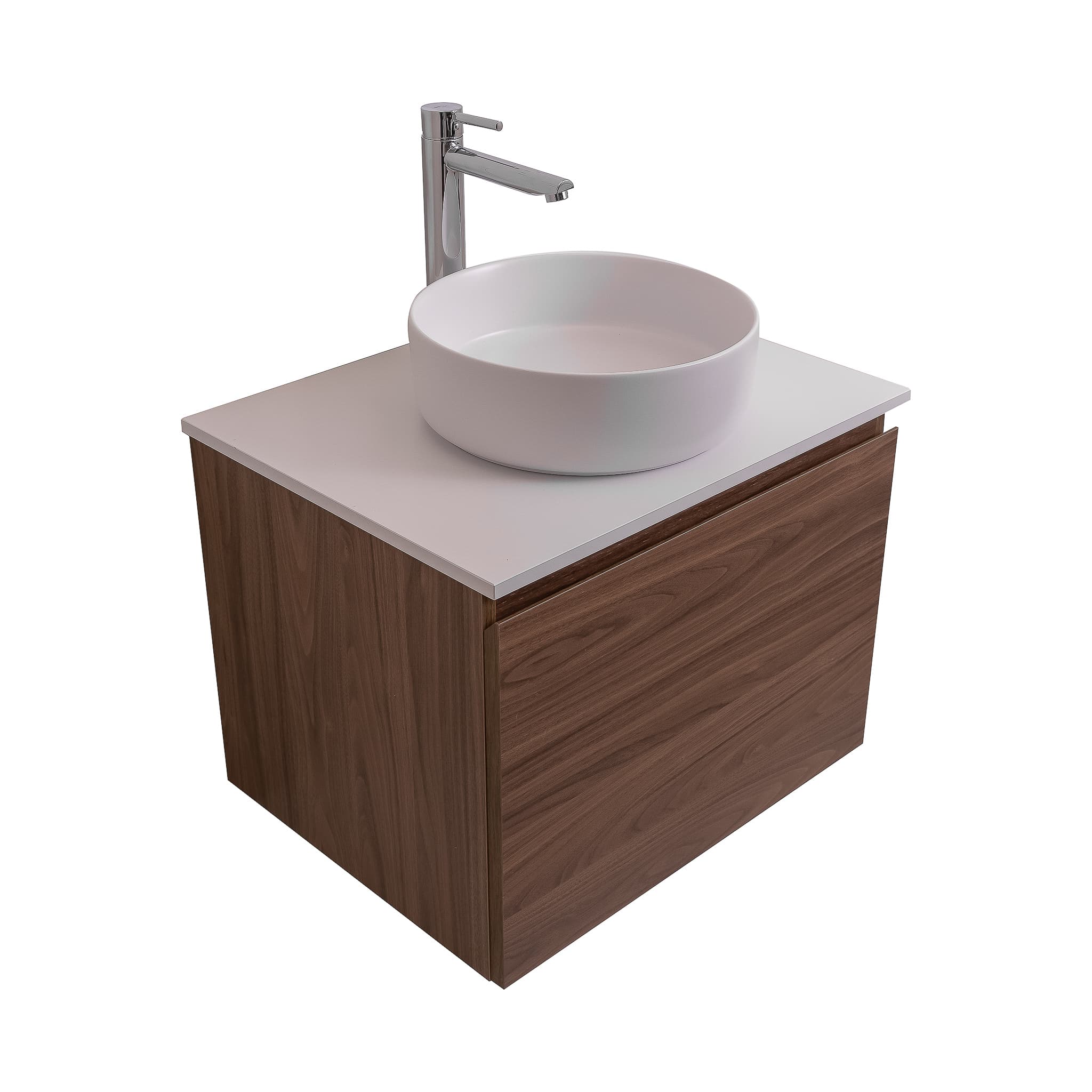 Venice 23.5 Walnut Wood Texture Cabinet, Ares White Top And Ares White Ceramic Basin, Wall Mounted Modern Vanity Set