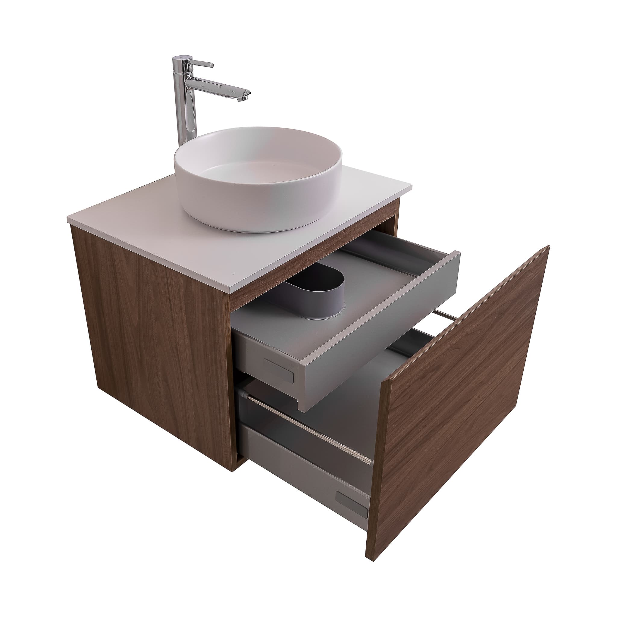 Venice 23.5 Walnut Wood Texture Cabinet, Ares White Top And Ares White Ceramic Basin, Wall Mounted Modern Vanity Set