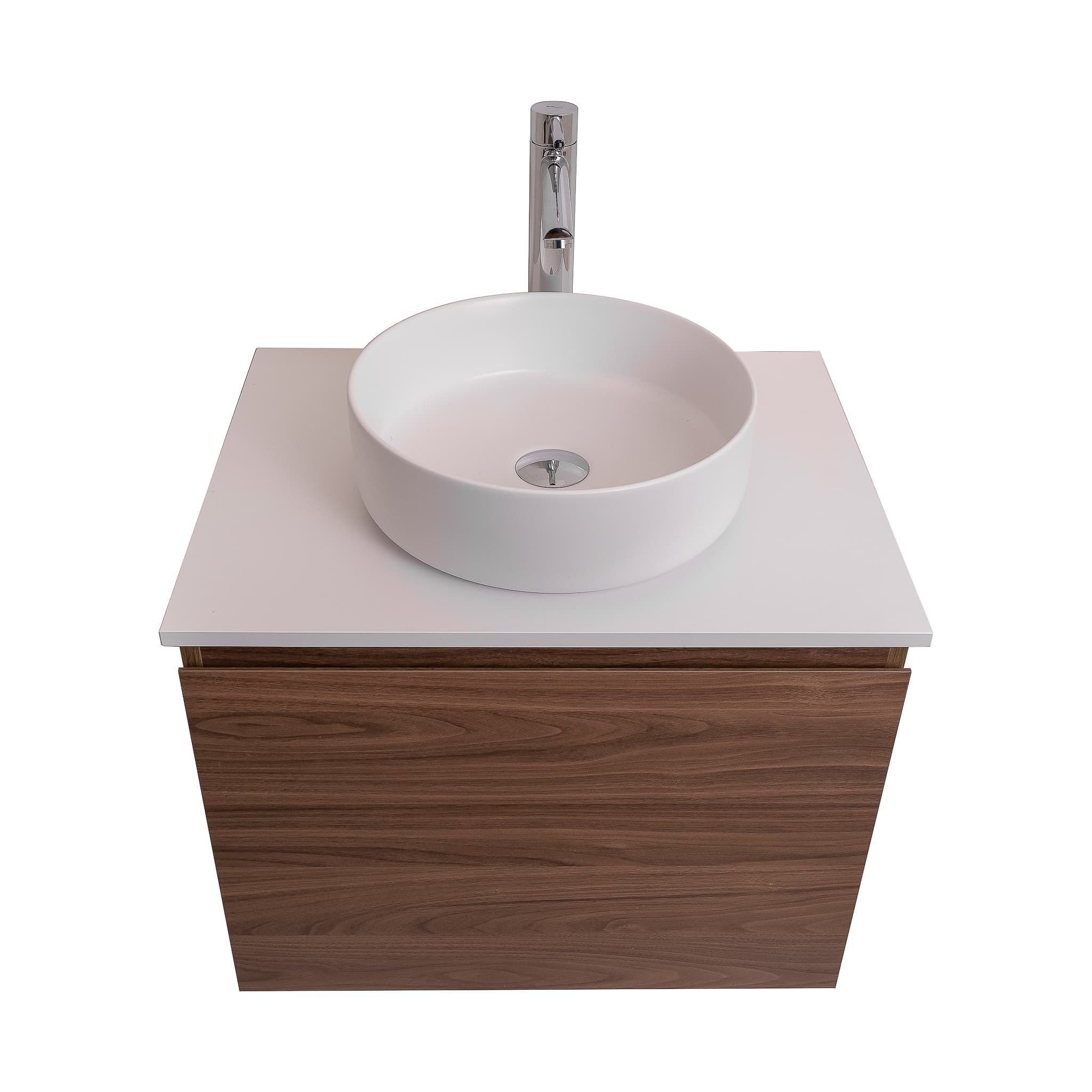 Venice 23.5 Walnut Wood Texture Cabinet, Ares White Top And Ares White Ceramic Basin, Wall Mounted Modern Vanity Set