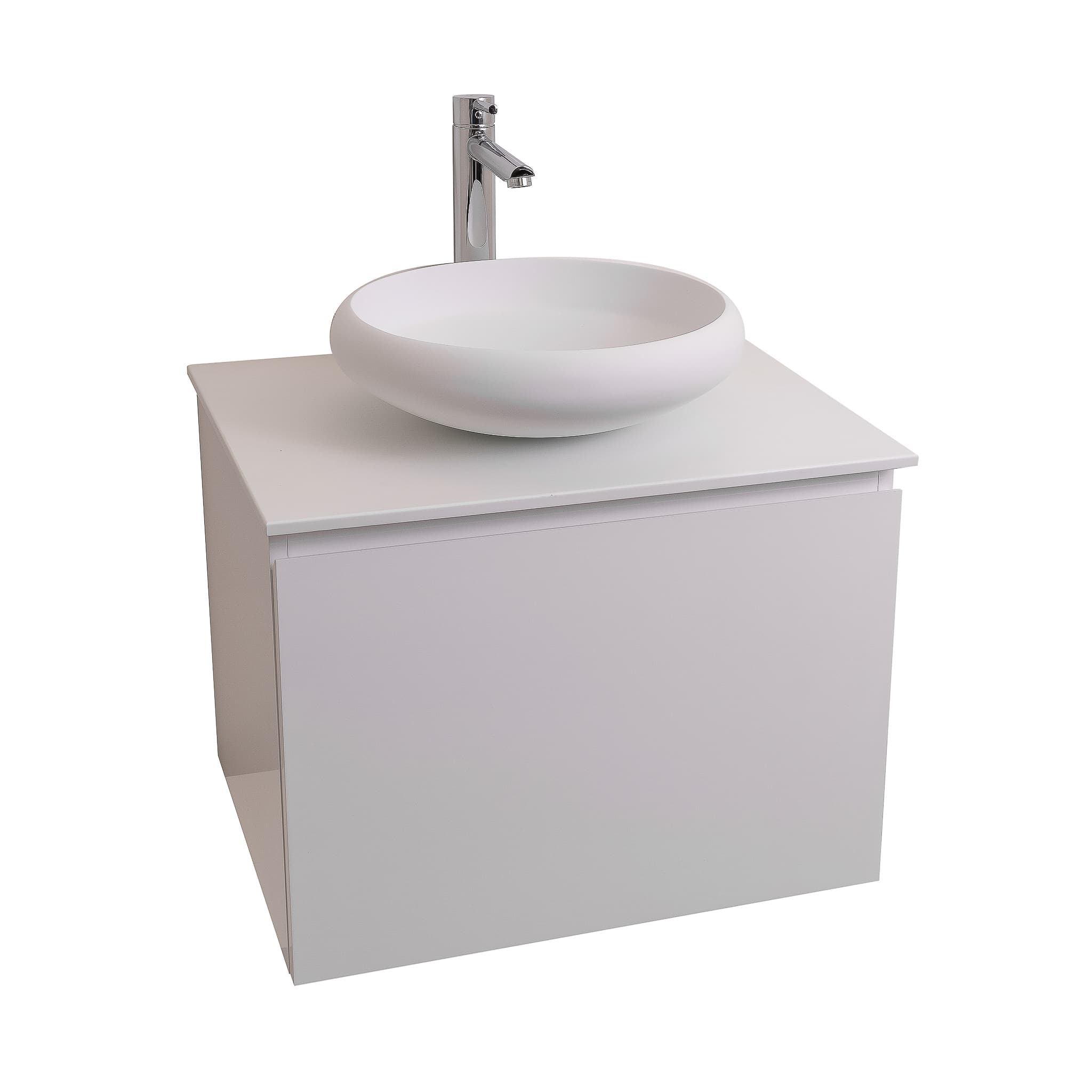 Venice 23.5 White High Gloss Cabinet, Solid Surface Flat White Counter And Round Solid Surface White Basin 1153, Wall Mounted Modern Vanity Set