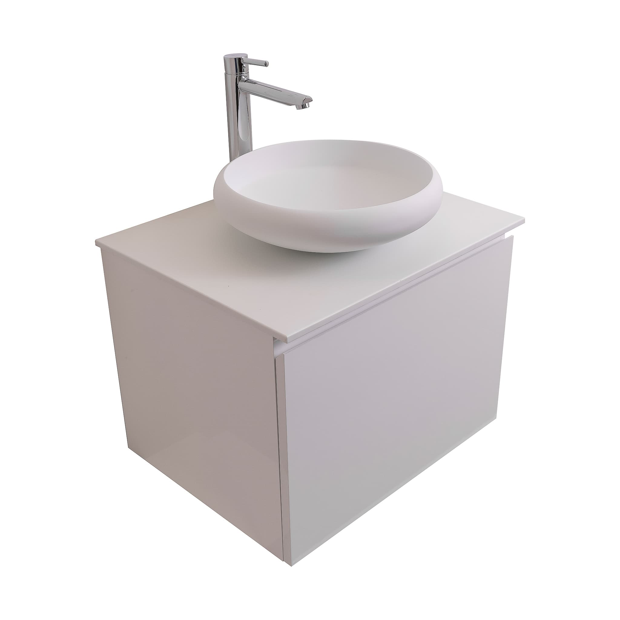 Venice 23.5 White High Gloss Cabinet, Solid Surface Flat White Counter And Round Solid Surface White Basin 1153, Wall Mounted Modern Vanity Set