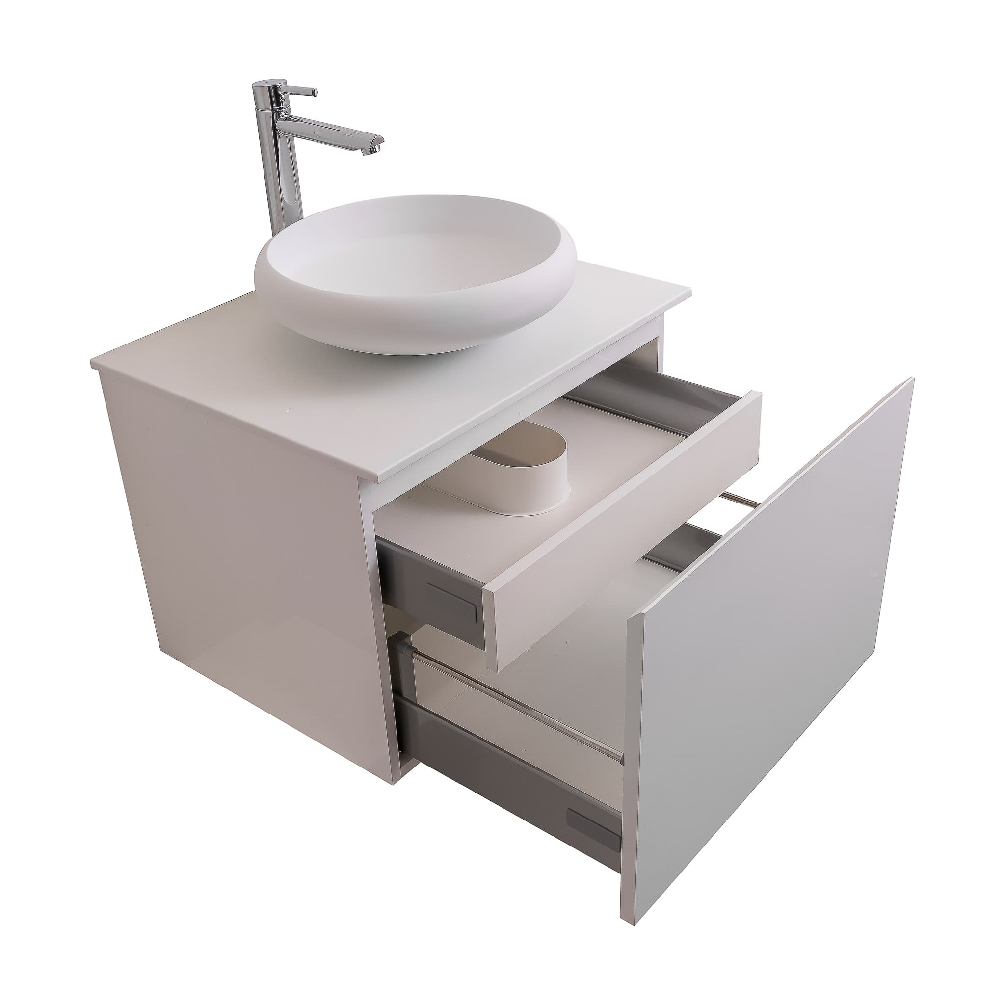 Venice 23.5 White High Gloss Cabinet, Solid Surface Flat White Counter And Round Solid Surface White Basin 1153, Wall Mounted Modern Vanity Set