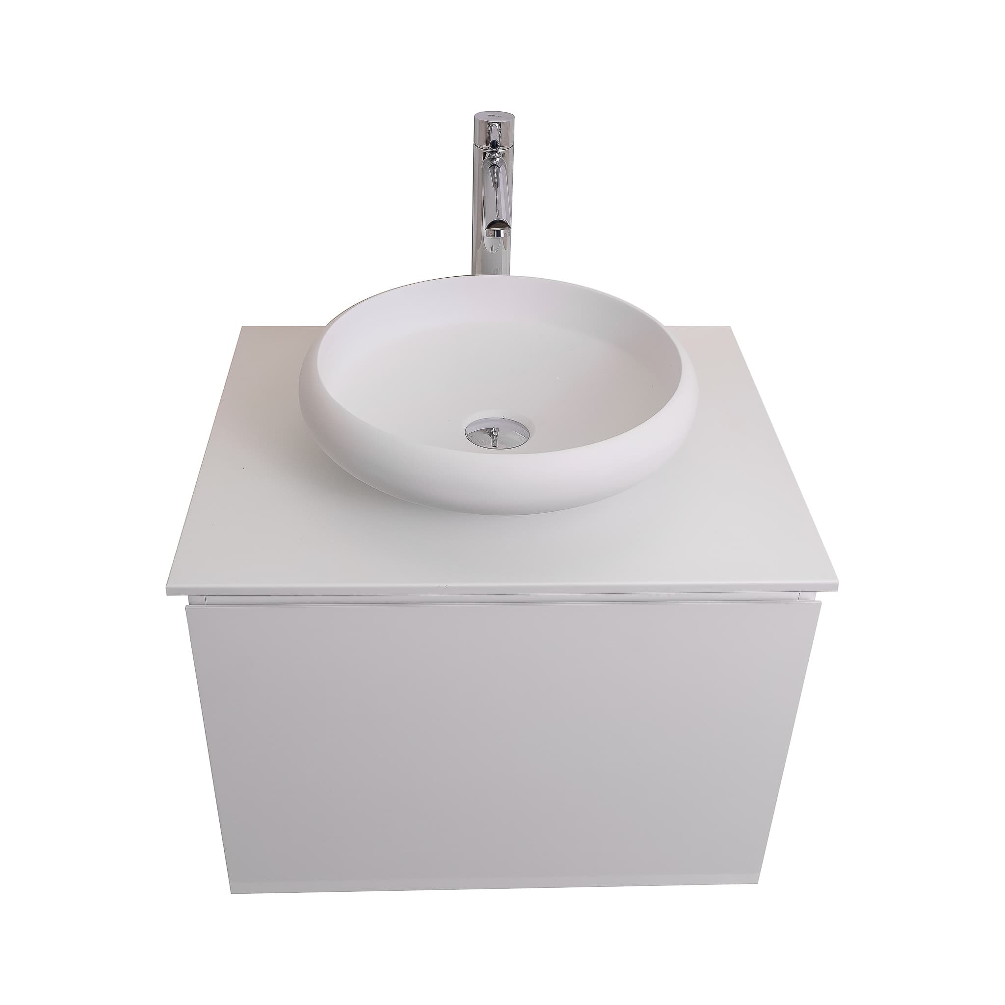 Venice 23.5 White High Gloss Cabinet, Solid Surface Flat White Counter And Round Solid Surface White Basin 1153, Wall Mounted Modern Vanity Set