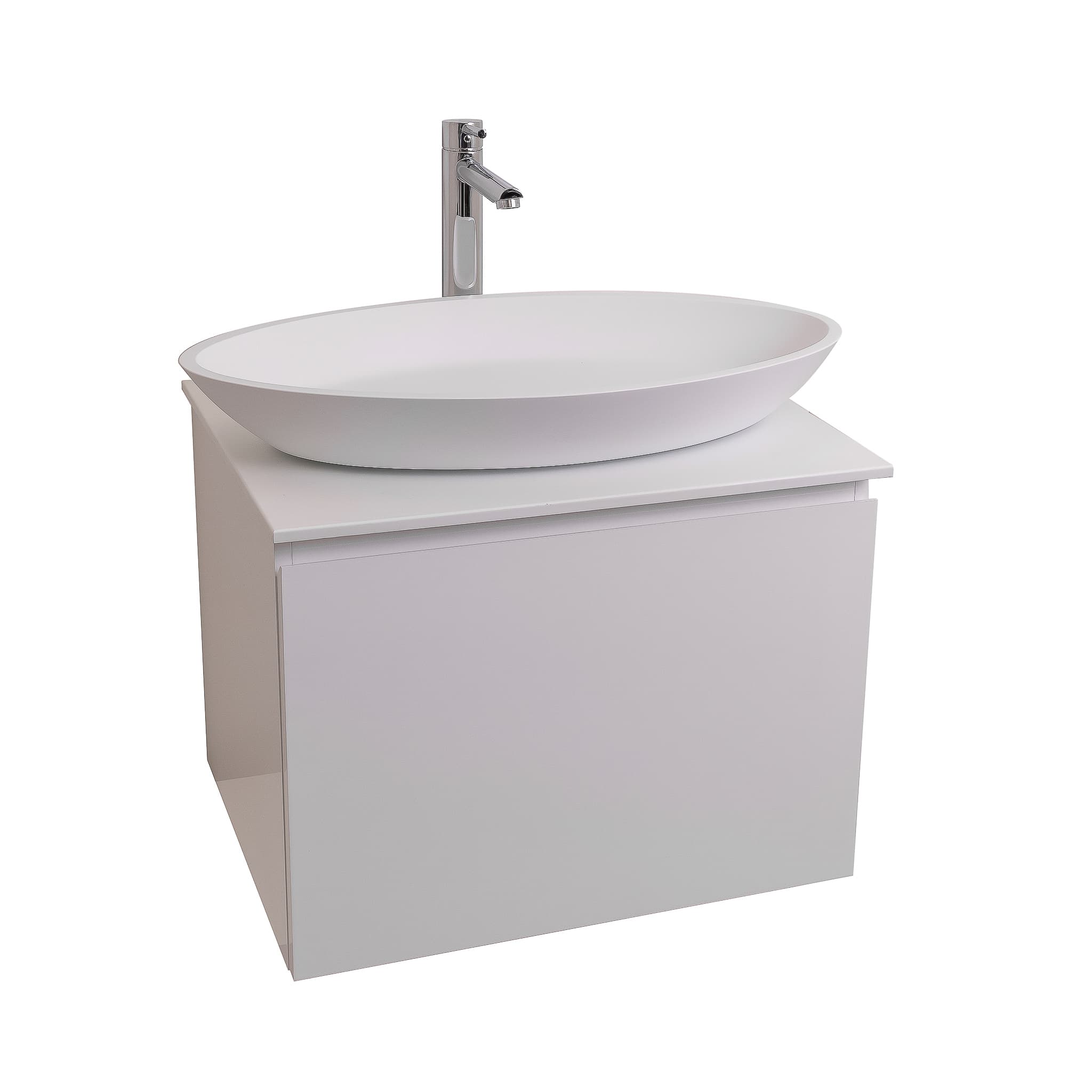 Venice 23.5 White High Gloss Cabinet, Solid Surface Flat White Counter And Oval Solid Surface White Basin 1305, Wall Mounted Modern Vanity Set