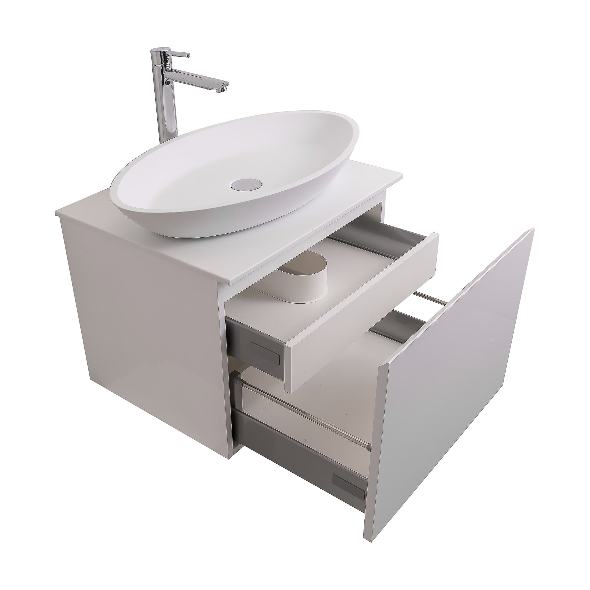 Venice 23.5 White High Gloss Cabinet, Solid Surface Flat White Counter And Oval Solid Surface White Basin 1305, Wall Mounted Modern Vanity Set