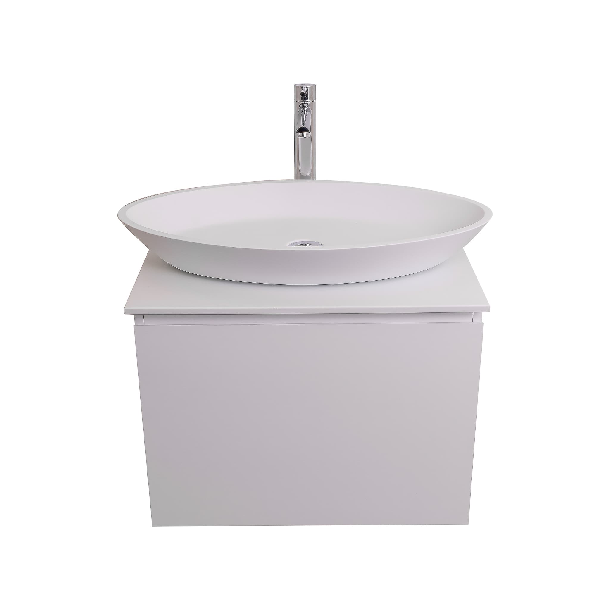 Venice 23.5 White High Gloss Cabinet, Solid Surface Flat White Counter And Oval Solid Surface White Basin 1305, Wall Mounted Modern Vanity Set