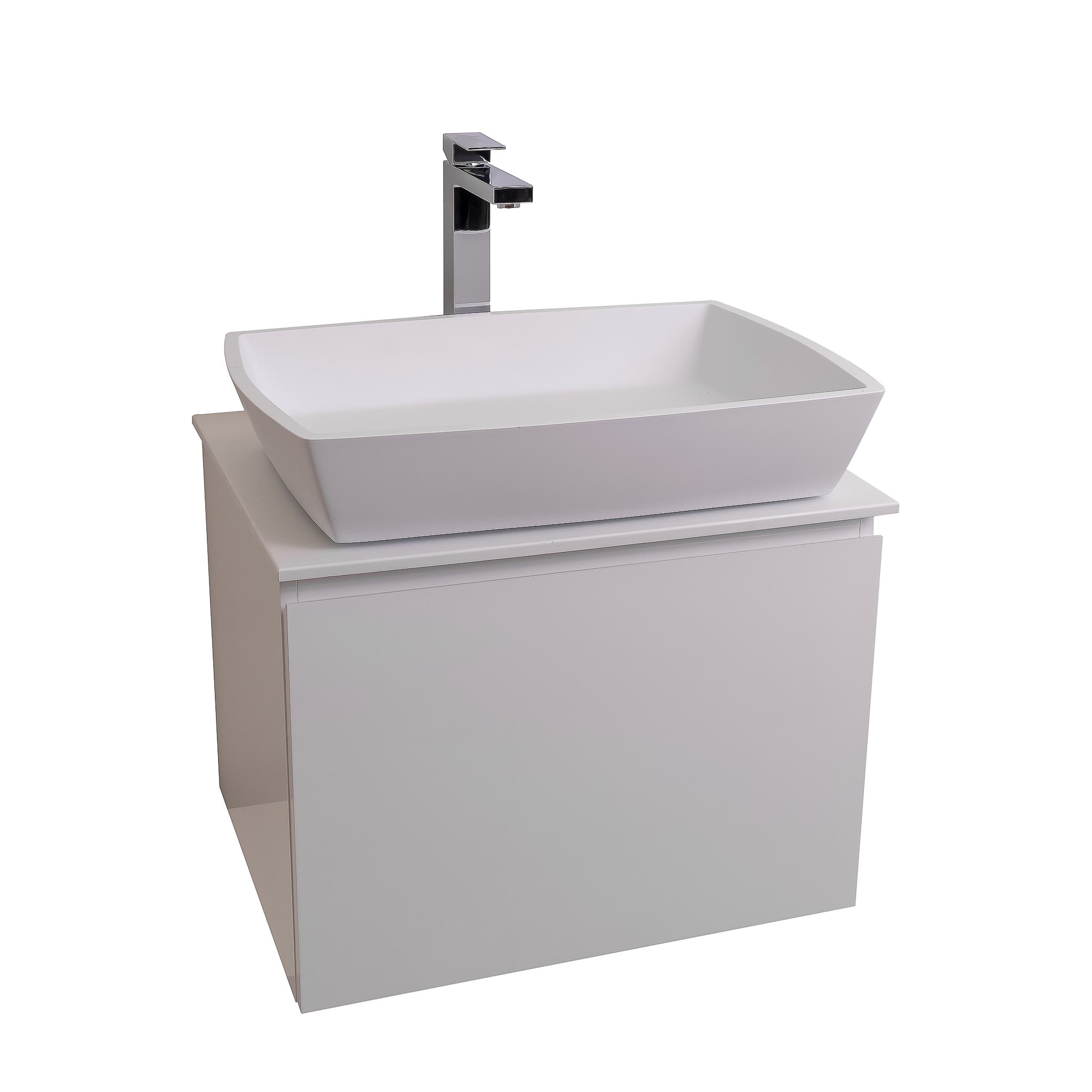 Venice 23.5 White High Gloss Cabinet, Solid Surface Flat White Counter And Square Solid Surface White Basin 1316, Wall Mounted Modern Vanity Set