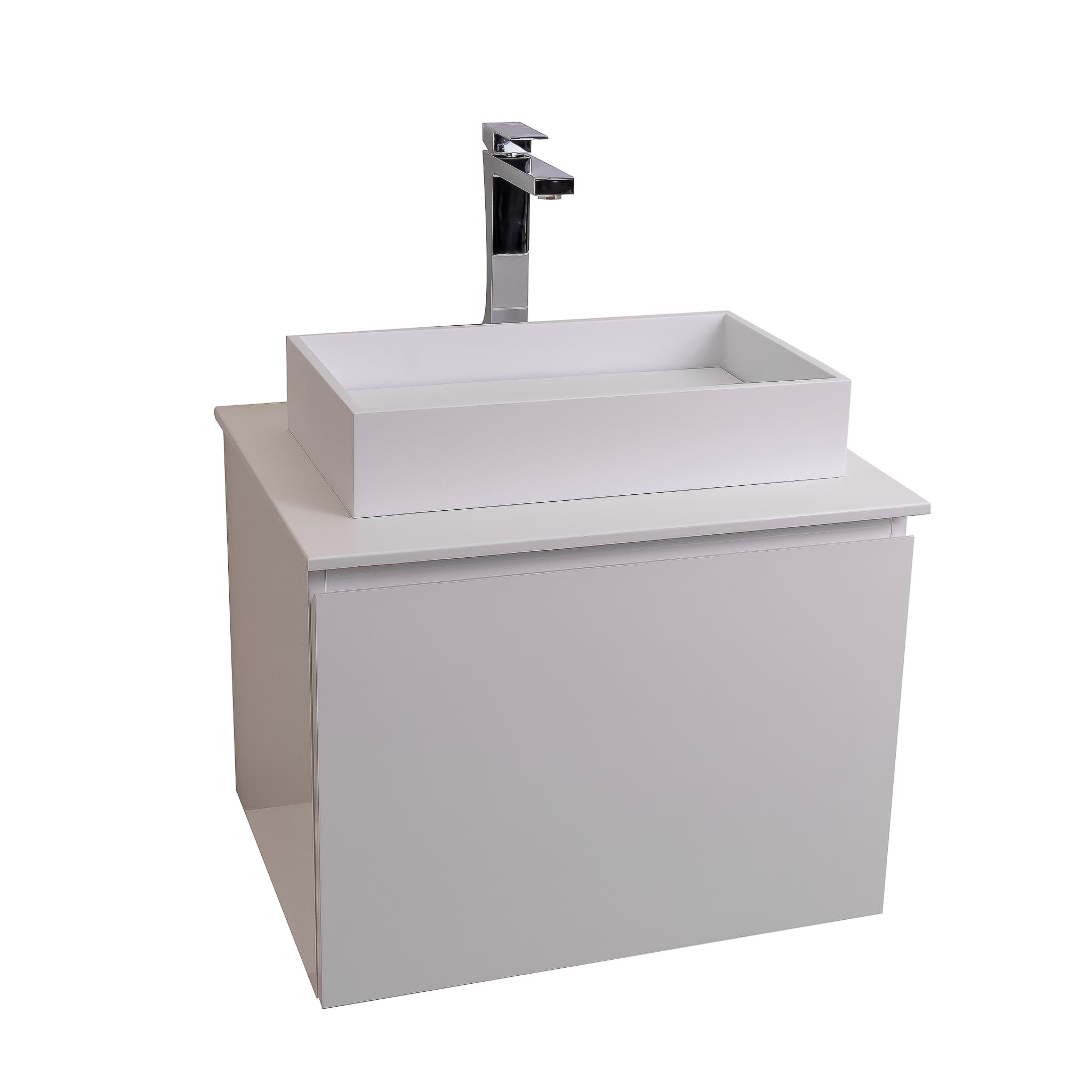 Venice 23.5 White High Gloss Cabinet, Solid Surface Flat White Counter And Infinity Square Solid Surface White Basin 1329, Wall Mounted Modern Vanity Set