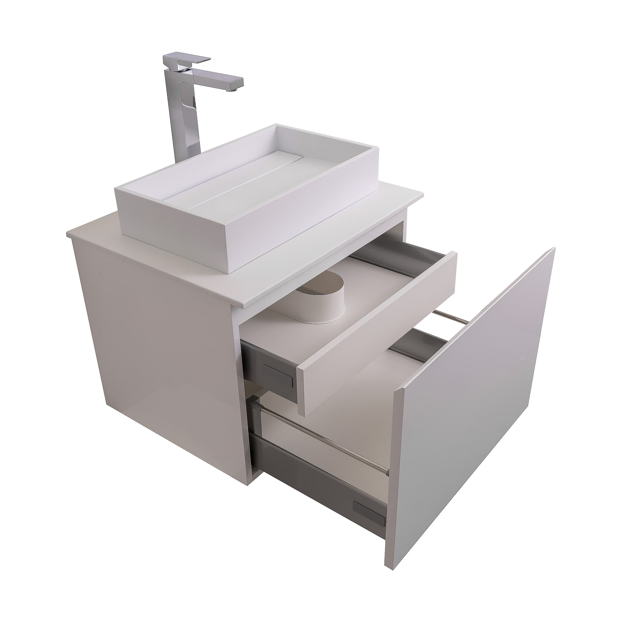 Venice 23.5 White High Gloss Cabinet, Solid Surface Flat White Counter And Infinity Square Solid Surface White Basin 1329, Wall Mounted Modern Vanity Set