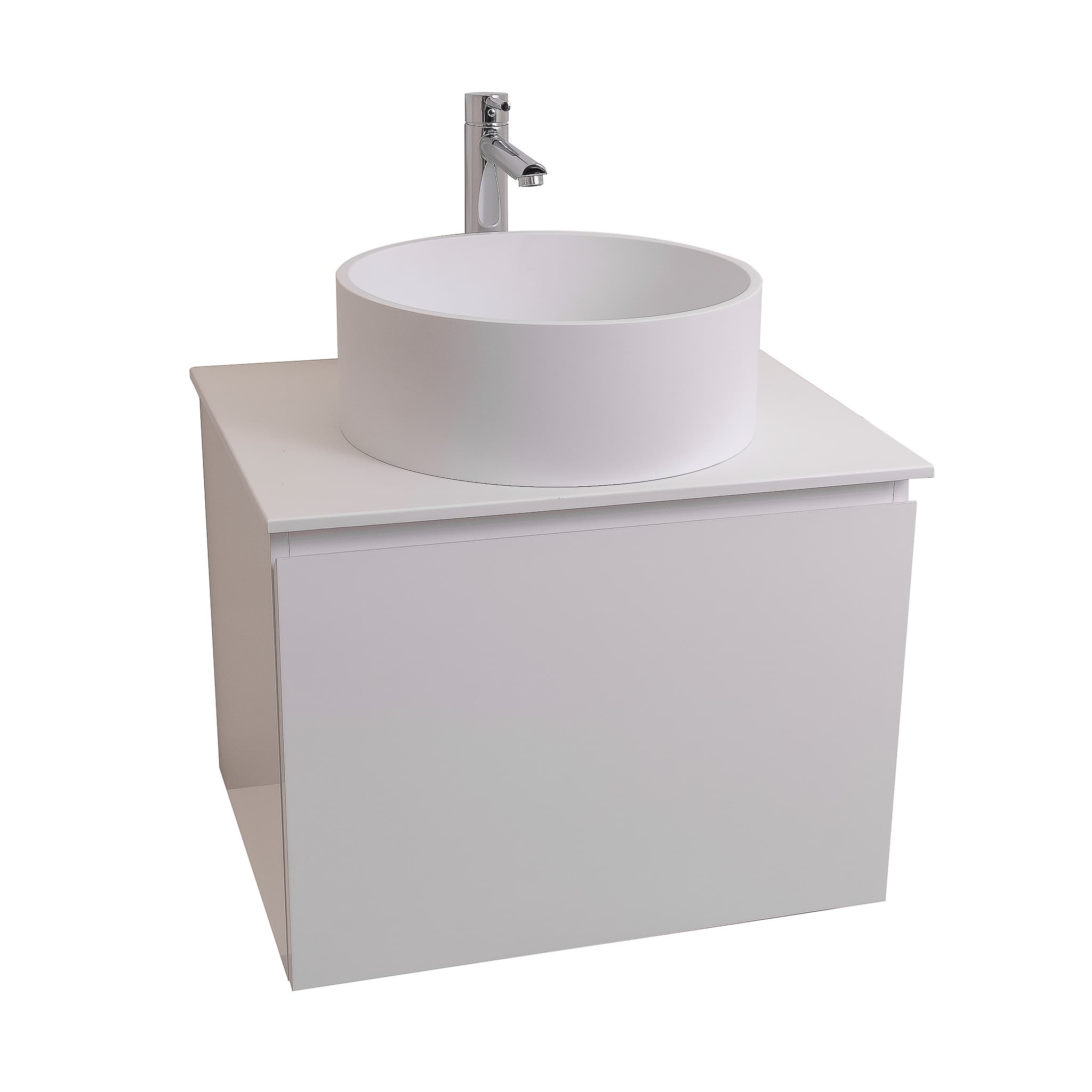 Venice 23.5 White High Gloss Cabinet, Solid Surface Flat White Counter And Round Solid Surface White Basin 1386, Wall Mounted Modern Vanity Set