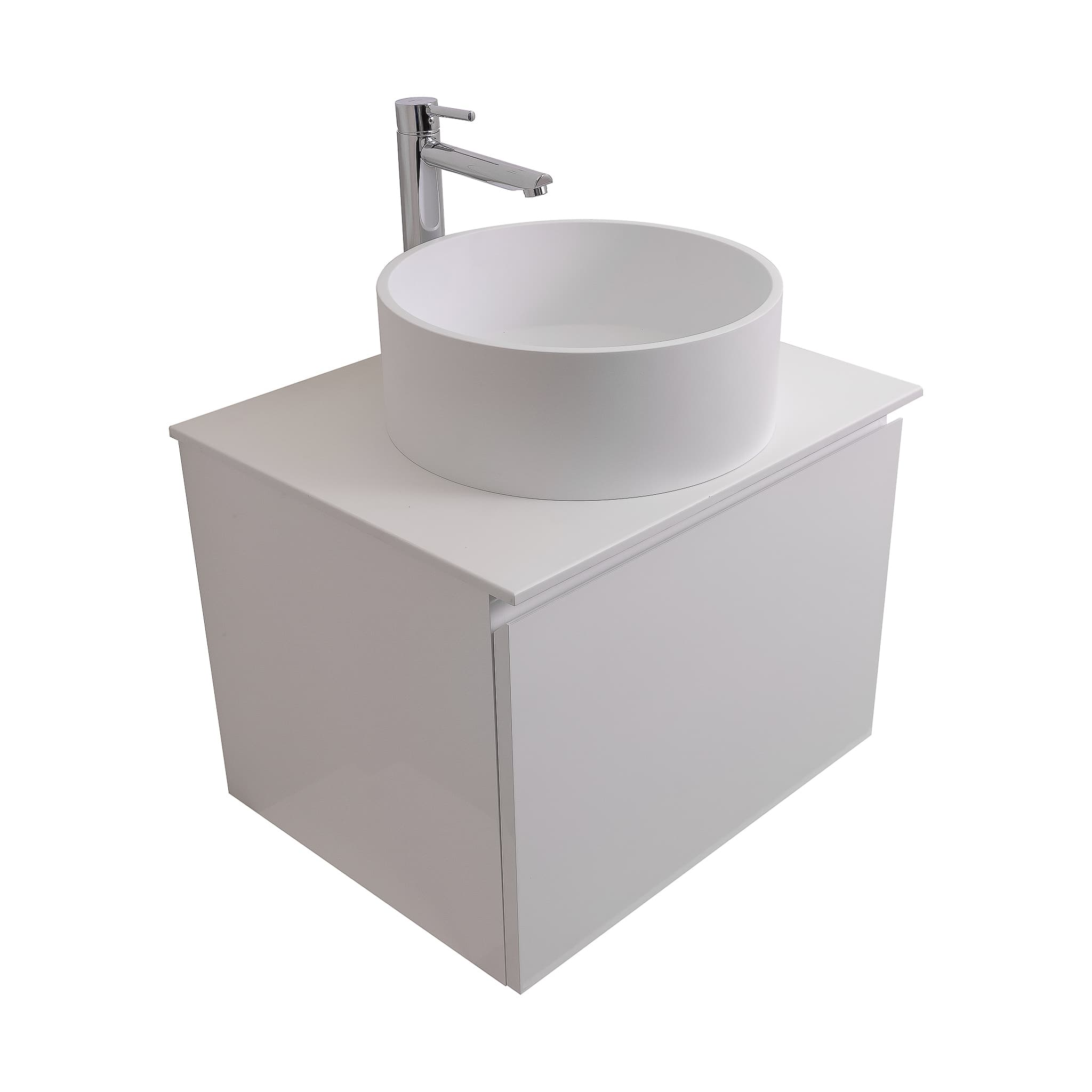 Venice 23.5 White High Gloss Cabinet, Solid Surface Flat White Counter And Round Solid Surface White Basin 1386, Wall Mounted Modern Vanity Set