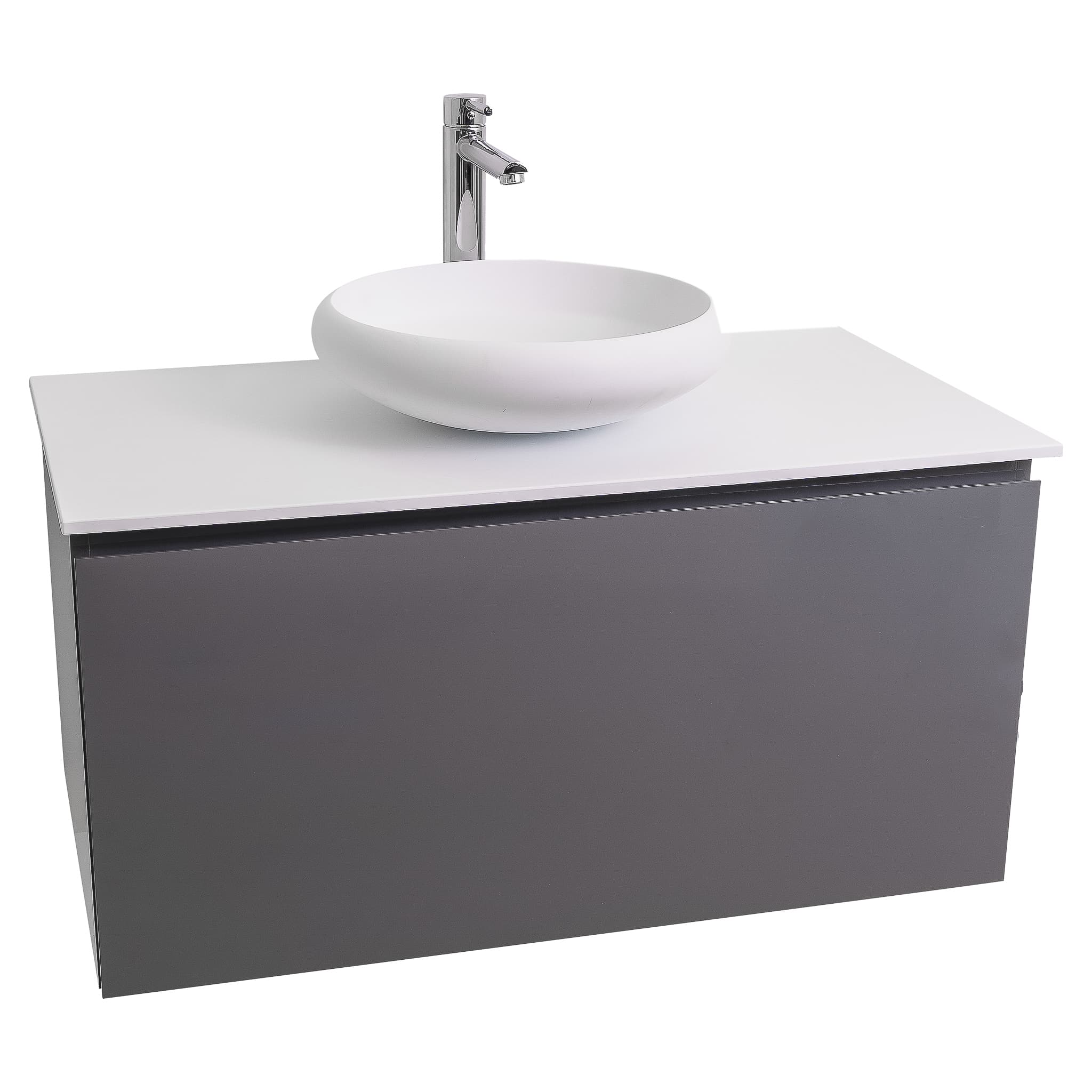 Venice 31.5 Anthracite High Gloss Cabinet, Solid Surface Flat White Counter And Round Solid Surface White Basin 1153, Wall Mounted Modern Vanity Set