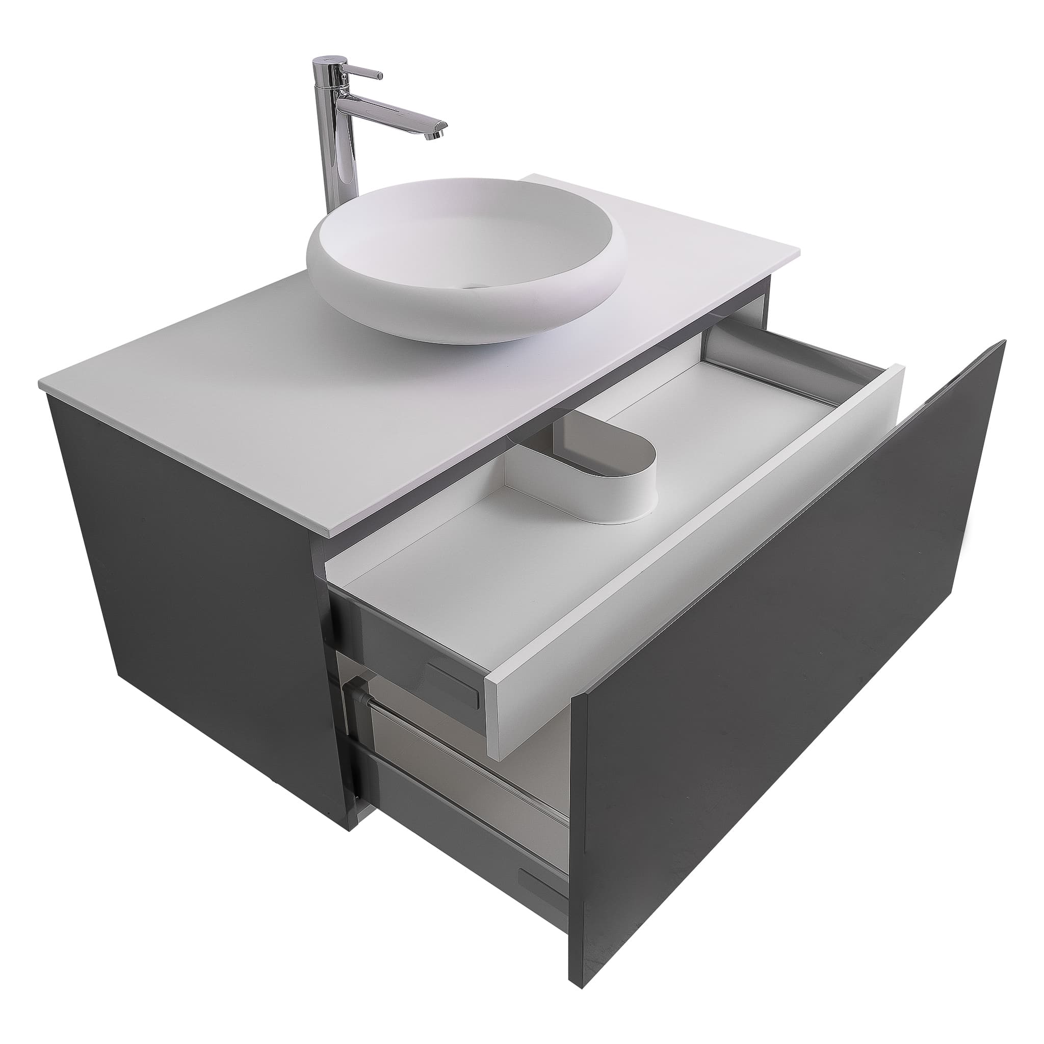 Venice 31.5 Anthracite High Gloss Cabinet, Solid Surface Flat White Counter And Round Solid Surface White Basin 1153, Wall Mounted Modern Vanity Set