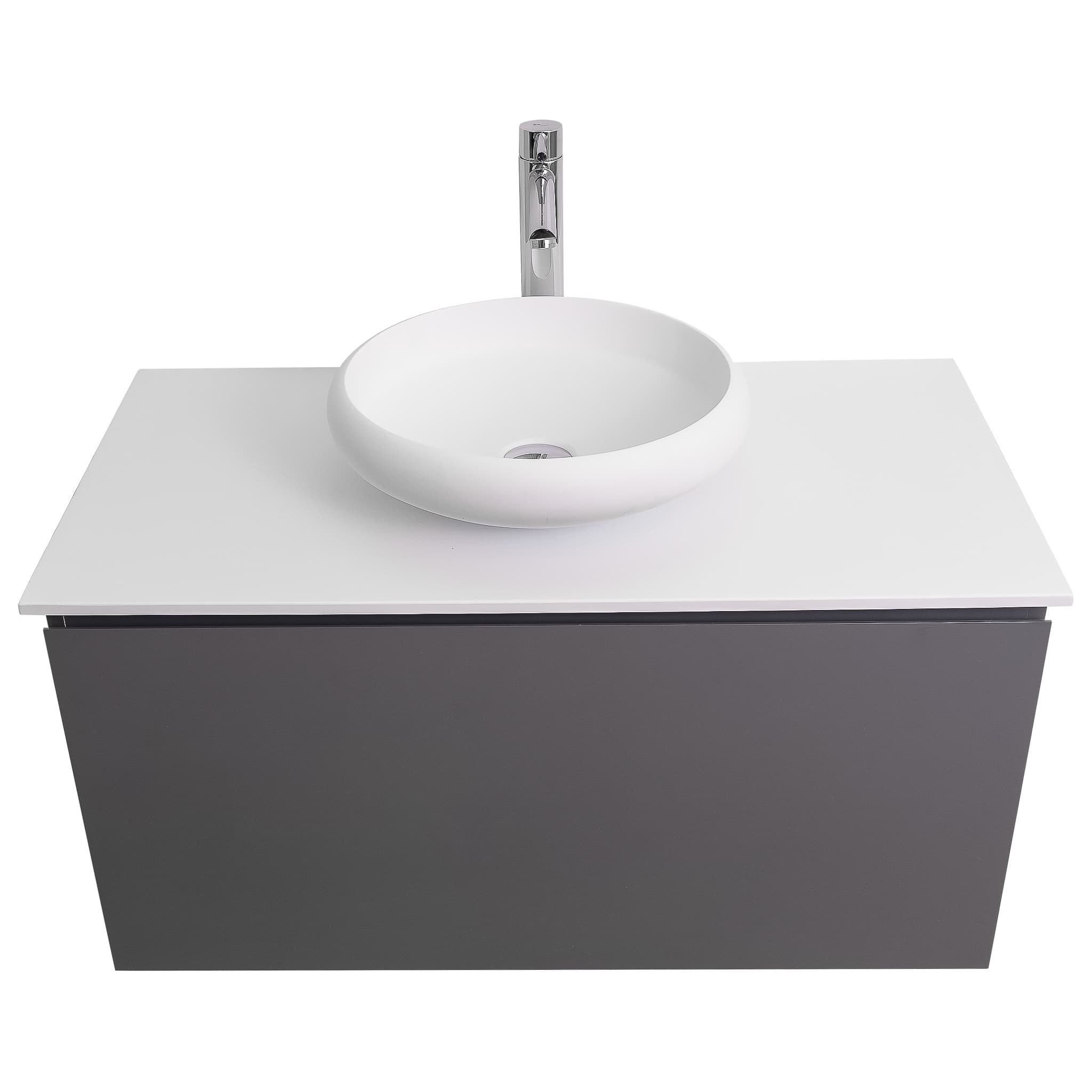 Venice 31.5 Anthracite High Gloss Cabinet, Solid Surface Flat White Counter And Round Solid Surface White Basin 1153, Wall Mounted Modern Vanity Set