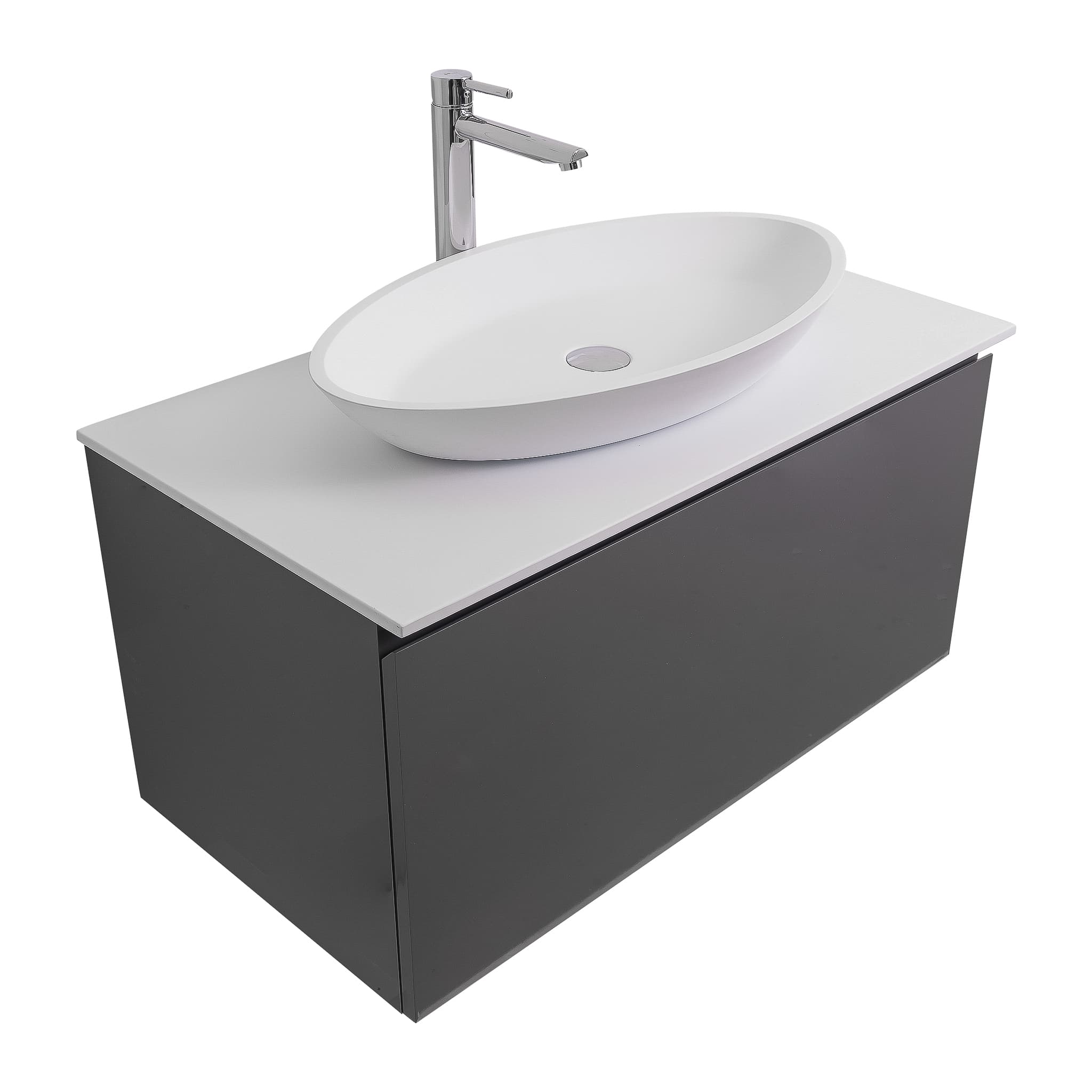 Venice 31.5 Anthracite High Gloss Cabinet, Solid Surface Flat White Counter And Oval Solid Surface White Basin 1305, Wall Mounted Modern Vanity Set