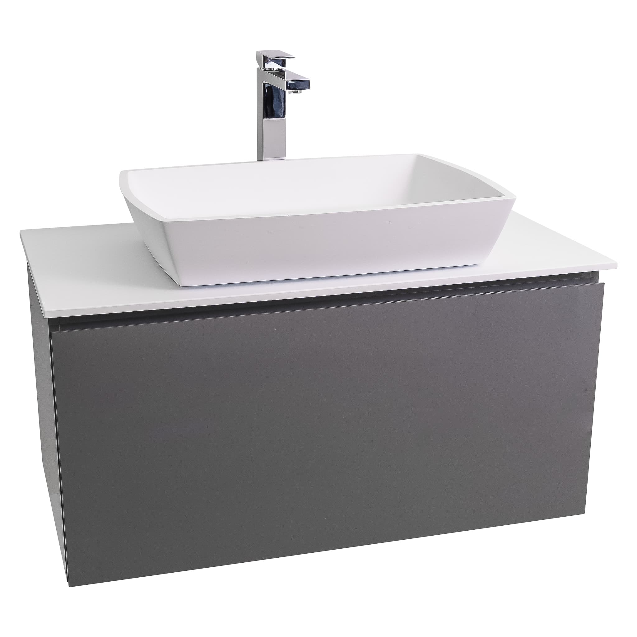 Venice 31.5 Anthracite High Gloss Cabinet, Solid Surface Flat White Counter And Square Solid Surface White Basin 1316, Wall Mounted Modern Vanity Set