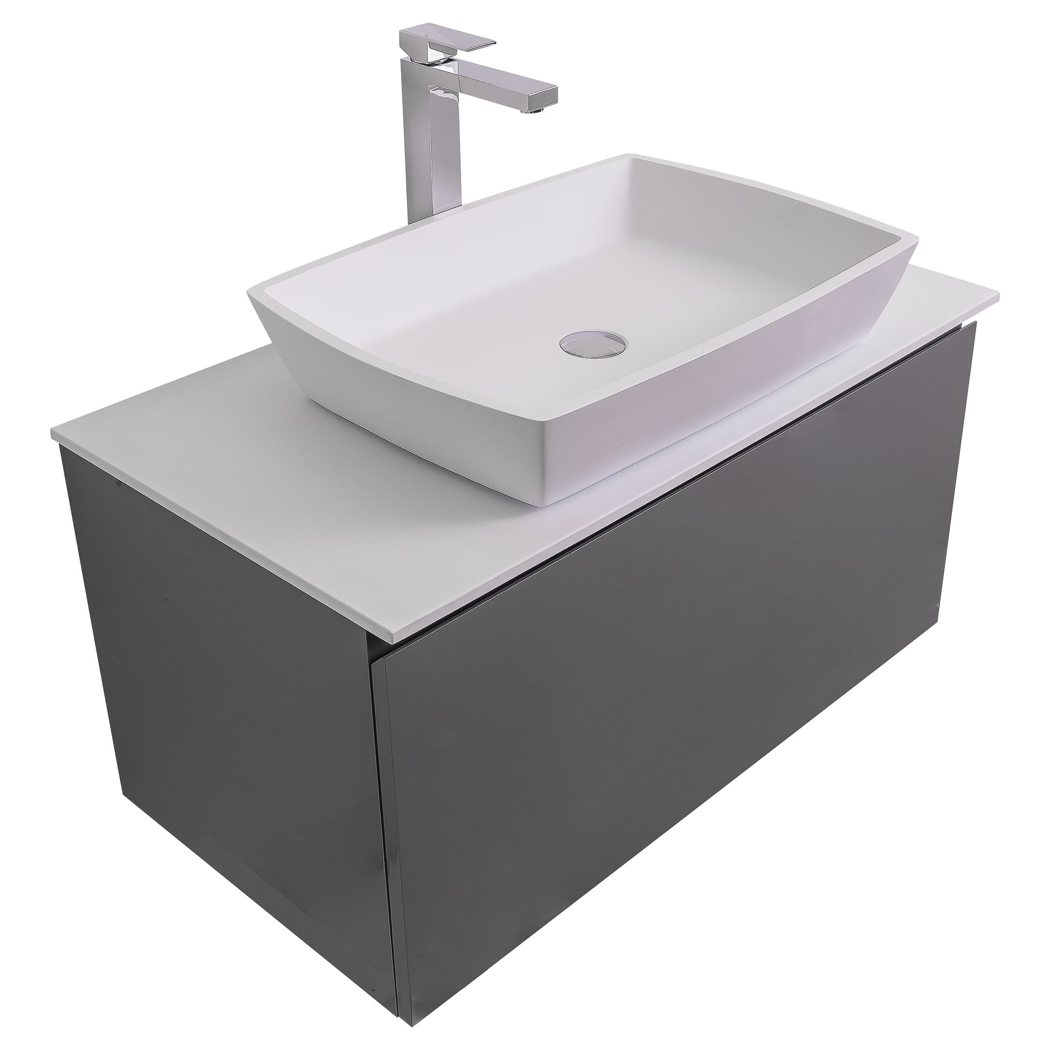 Venice 31.5 Anthracite High Gloss Cabinet, Solid Surface Flat White Counter And Square Solid Surface White Basin 1316, Wall Mounted Modern Vanity Set