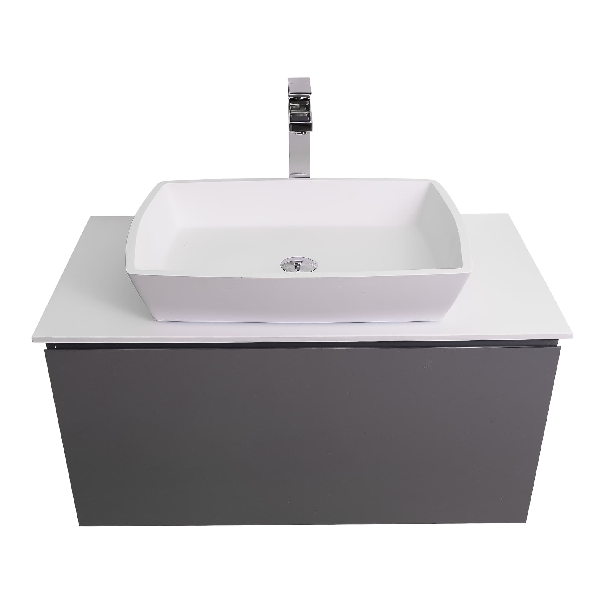 Venice 31.5 Anthracite High Gloss Cabinet, Solid Surface Flat White Counter And Square Solid Surface White Basin 1316, Wall Mounted Modern Vanity Set