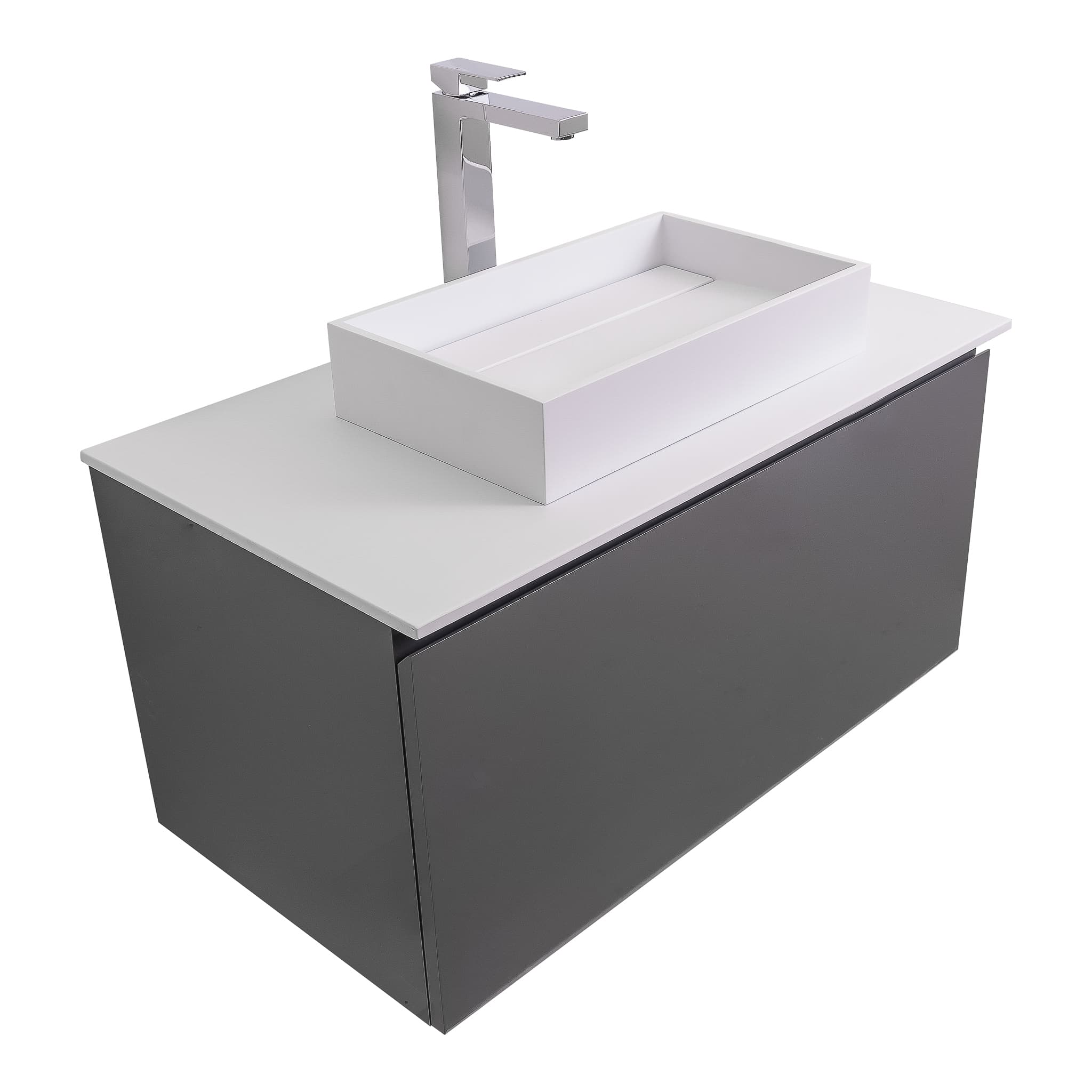 Venice 31.5 Anthracite High Gloss Cabinet, Solid Surface Flat White Counter And Infinity Square Solid Surface White Basin 1329, Wall Mounted Modern Vanity Set