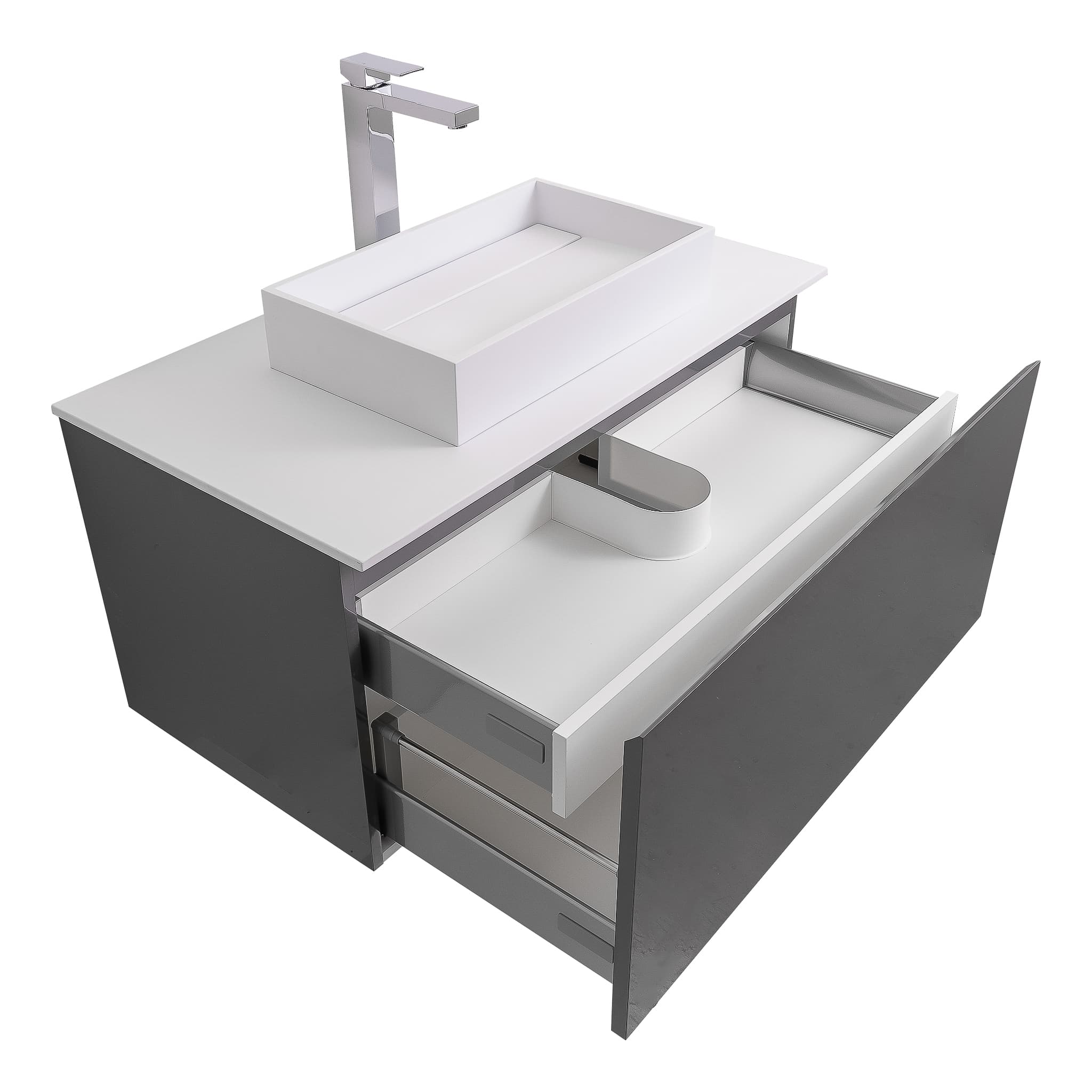 Venice 31.5 Anthracite High Gloss Cabinet, Solid Surface Flat White Counter And Infinity Square Solid Surface White Basin 1329, Wall Mounted Modern Vanity Set