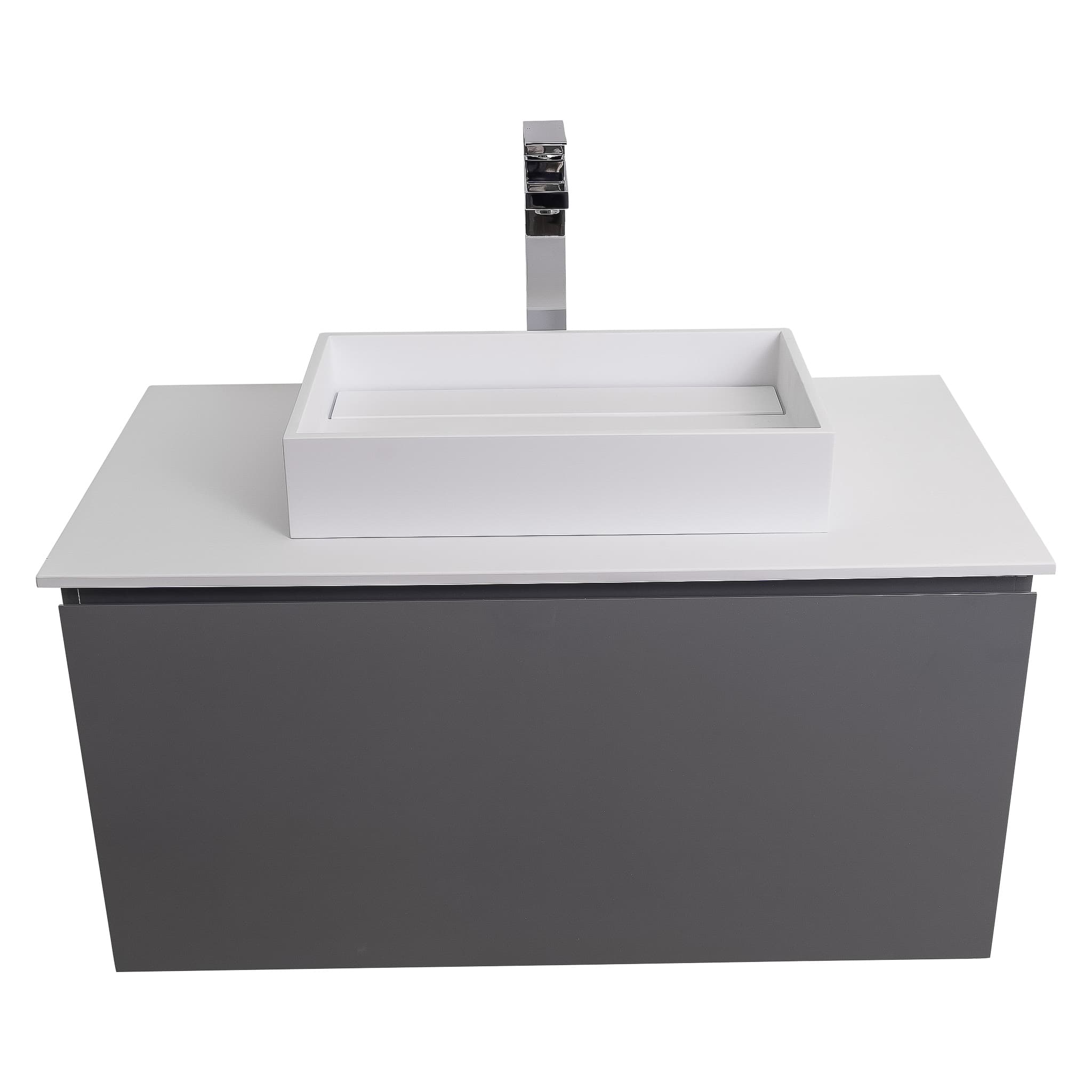 Venice 31.5 Anthracite High Gloss Cabinet, Solid Surface Flat White Counter And Infinity Square Solid Surface White Basin 1329, Wall Mounted Modern Vanity Set