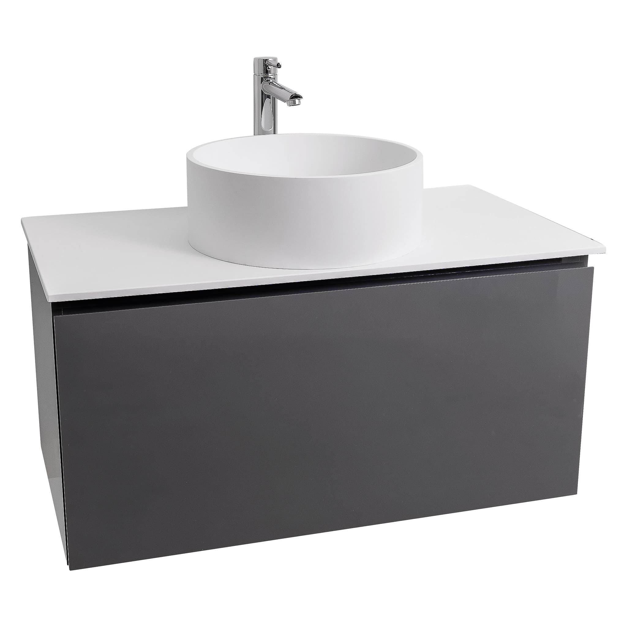 Venice 31.5 Anthracite High Gloss Cabinet, Solid Surface Flat White Counter And Round Solid Surface White Basin 1386, Wall Mounted Modern Vanity Set