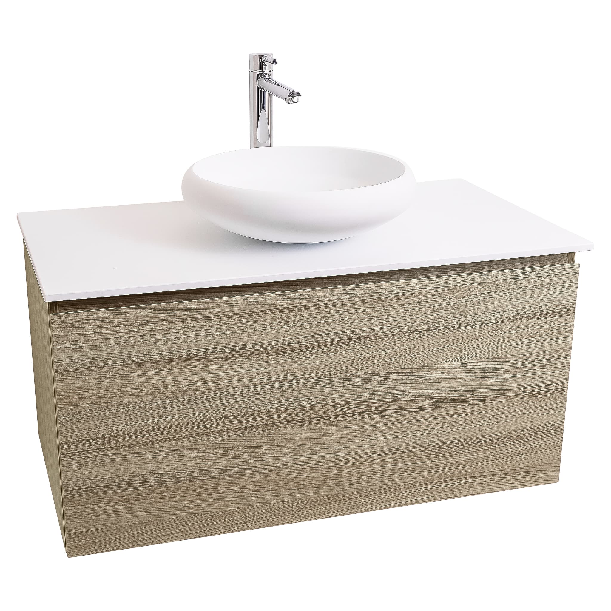 Venice 31.5 Nilo Grey Wood Texture Cabinet, Solid Surface Flat White Counter And Round Solid Surface White Basin 1153, Wall Mounted Modern Vanity Set