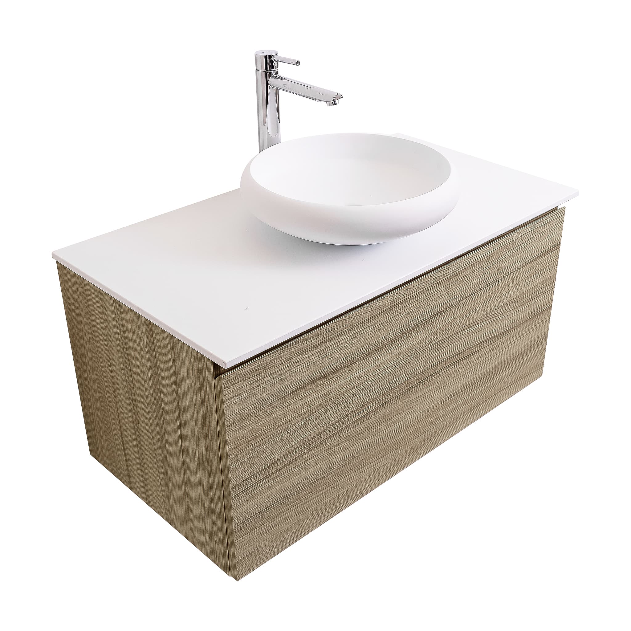 Venice 31.5 Nilo Grey Wood Texture Cabinet, Solid Surface Flat White Counter And Round Solid Surface White Basin 1153, Wall Mounted Modern Vanity Set