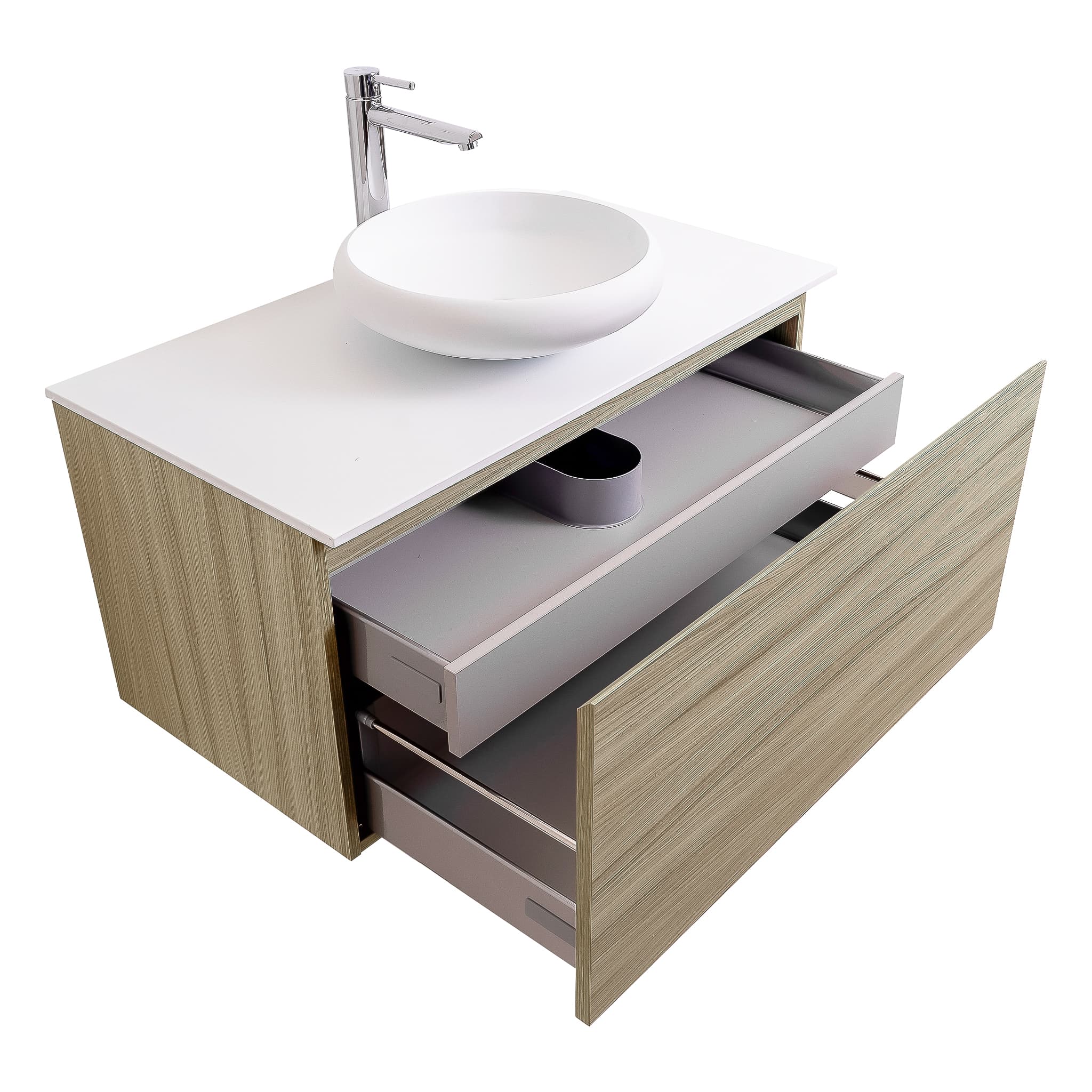 Venice 31.5 Nilo Grey Wood Texture Cabinet, Solid Surface Flat White Counter And Round Solid Surface White Basin 1153, Wall Mounted Modern Vanity Set