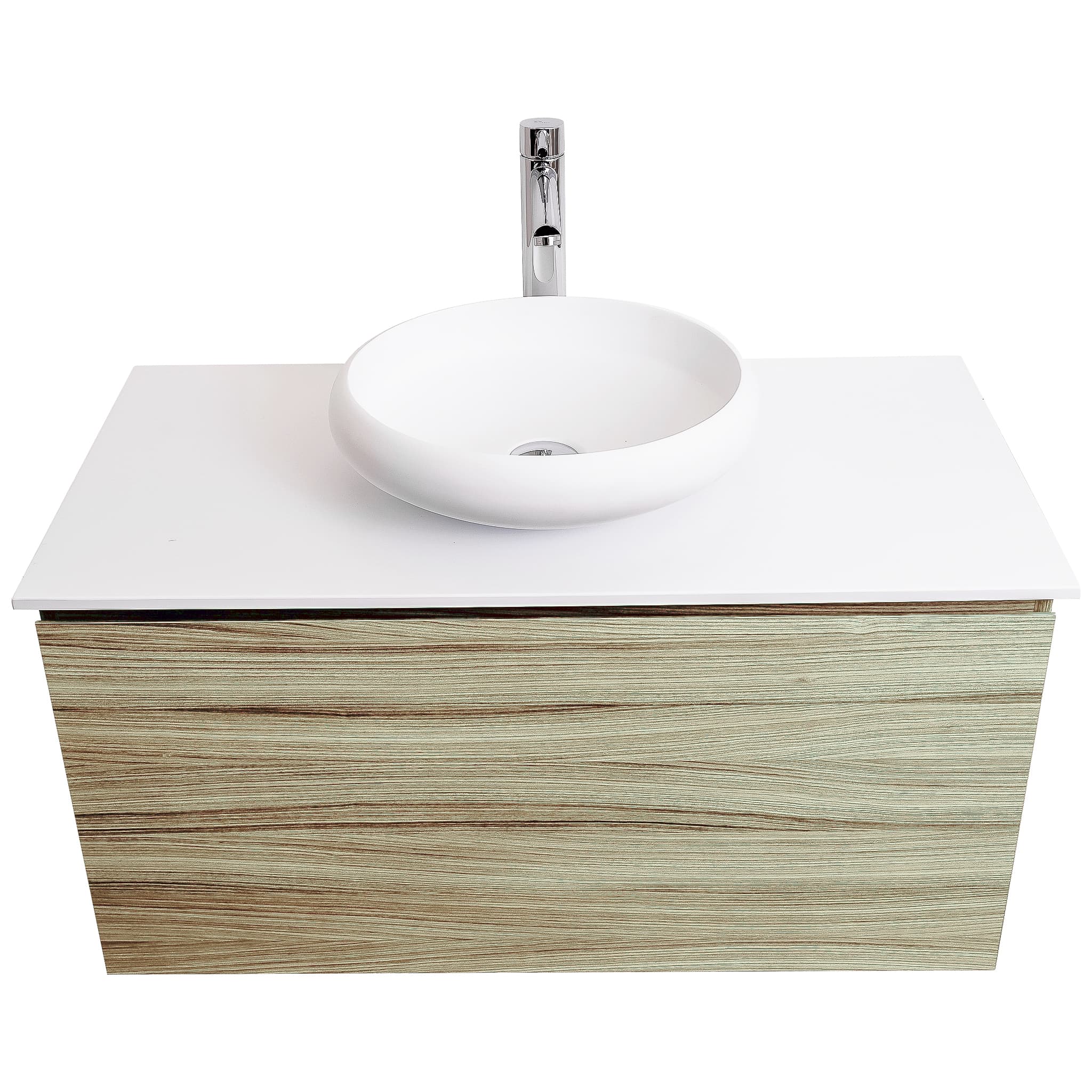Venice 31.5 Nilo Grey Wood Texture Cabinet, Solid Surface Flat White Counter And Round Solid Surface White Basin 1153, Wall Mounted Modern Vanity Set