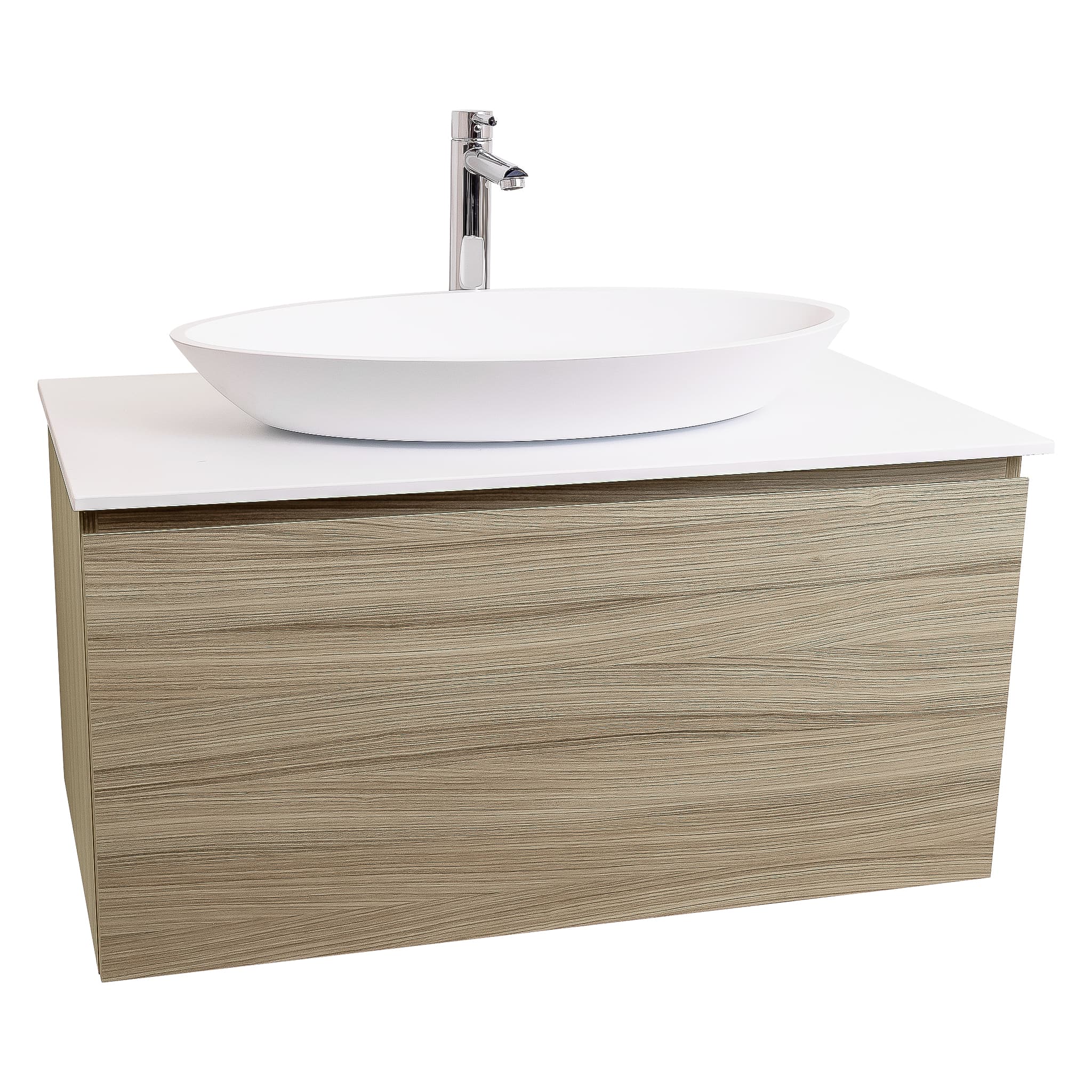 Venice 31.5 Nilo Grey Wood Texture Cabinet, Solid Surface Flat White Counter And Oval Solid Surface White Basin 1305, Wall Mounted Modern Vanity Set