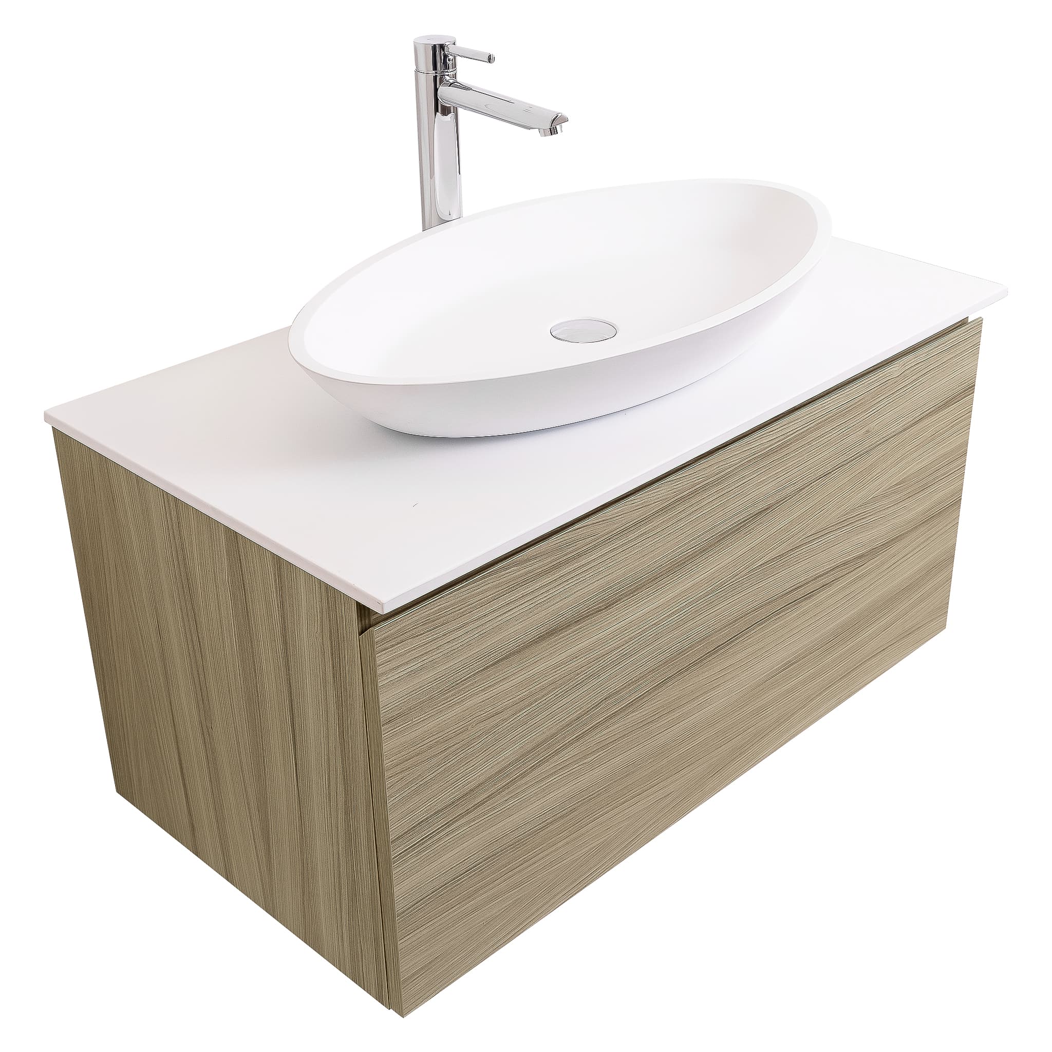 Venice 31.5 Nilo Grey Wood Texture Cabinet, Solid Surface Flat White Counter And Oval Solid Surface White Basin 1305, Wall Mounted Modern Vanity Set