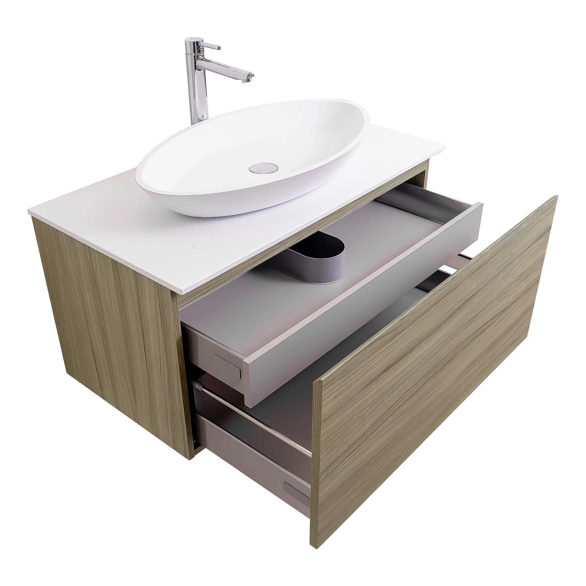 Venice 31.5 Nilo Grey Wood Texture Cabinet, Solid Surface Flat White Counter And Oval Solid Surface White Basin 1305, Wall Mounted Modern Vanity Set