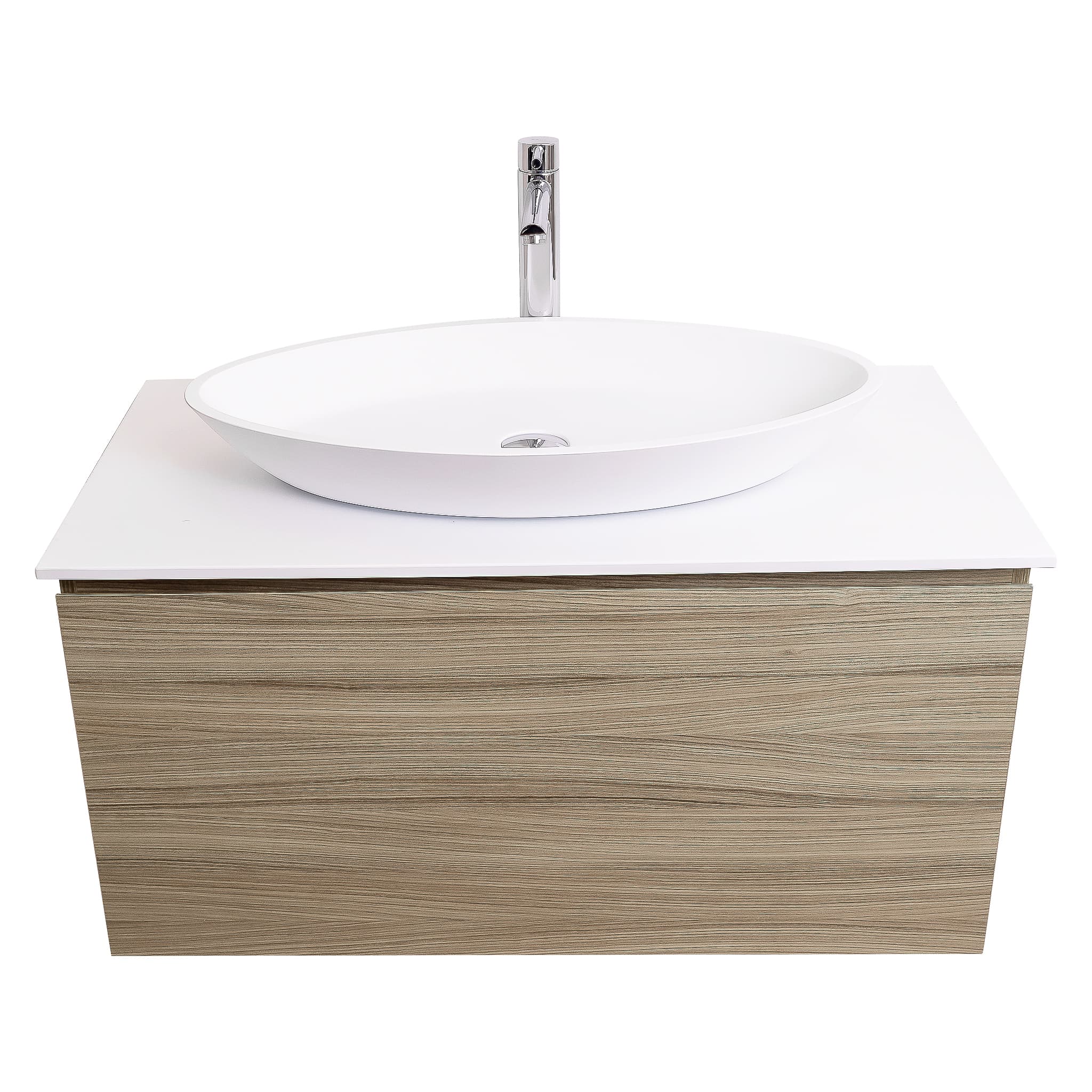 Venice 31.5 Nilo Grey Wood Texture Cabinet, Solid Surface Flat White Counter And Oval Solid Surface White Basin 1305, Wall Mounted Modern Vanity Set