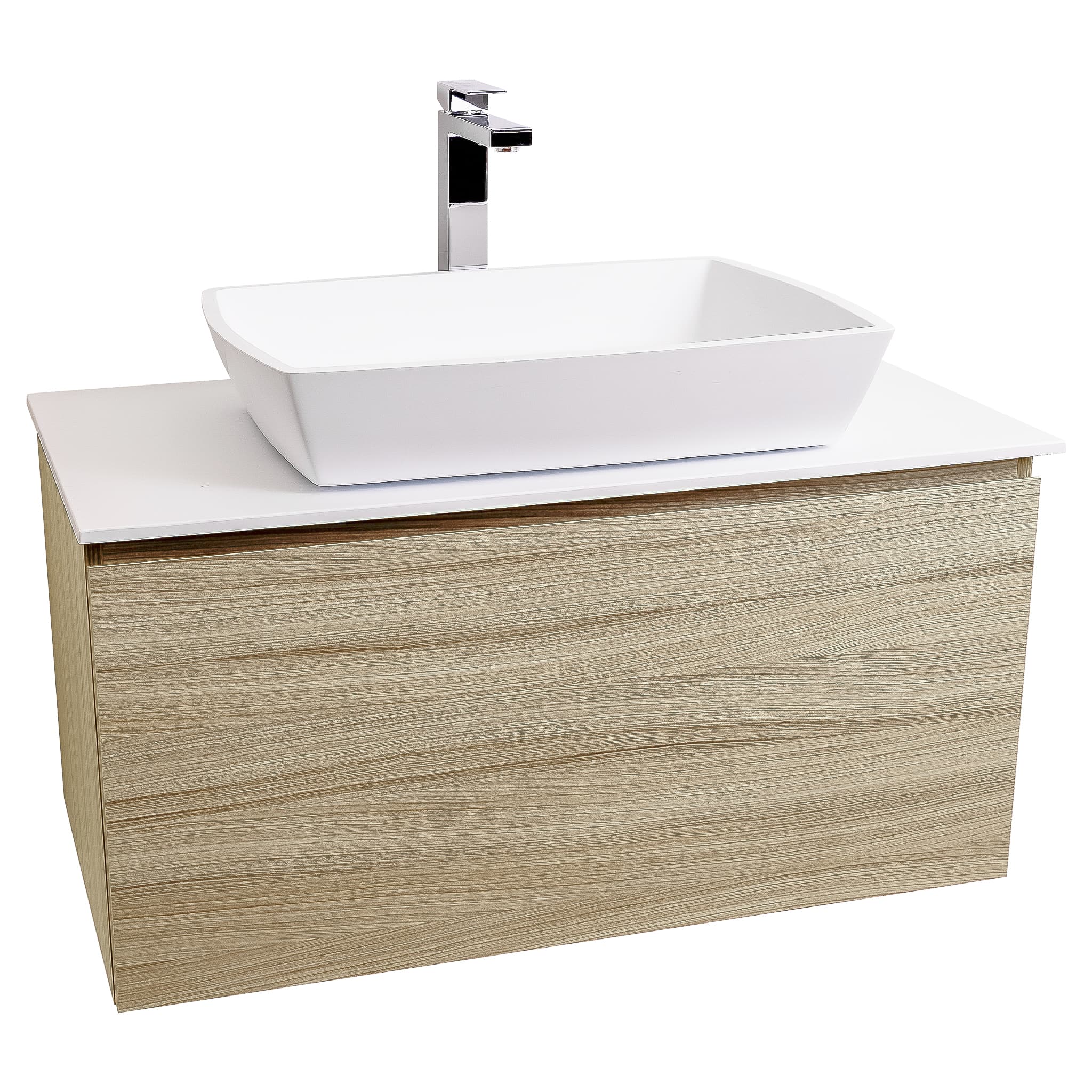 Venice 31.5 Nilo Grey Wood Texture Cabinet, Solid Surface Flat White Counter And Square Solid Surface White Basin 1316, Wall Mounted Modern Vanity Set