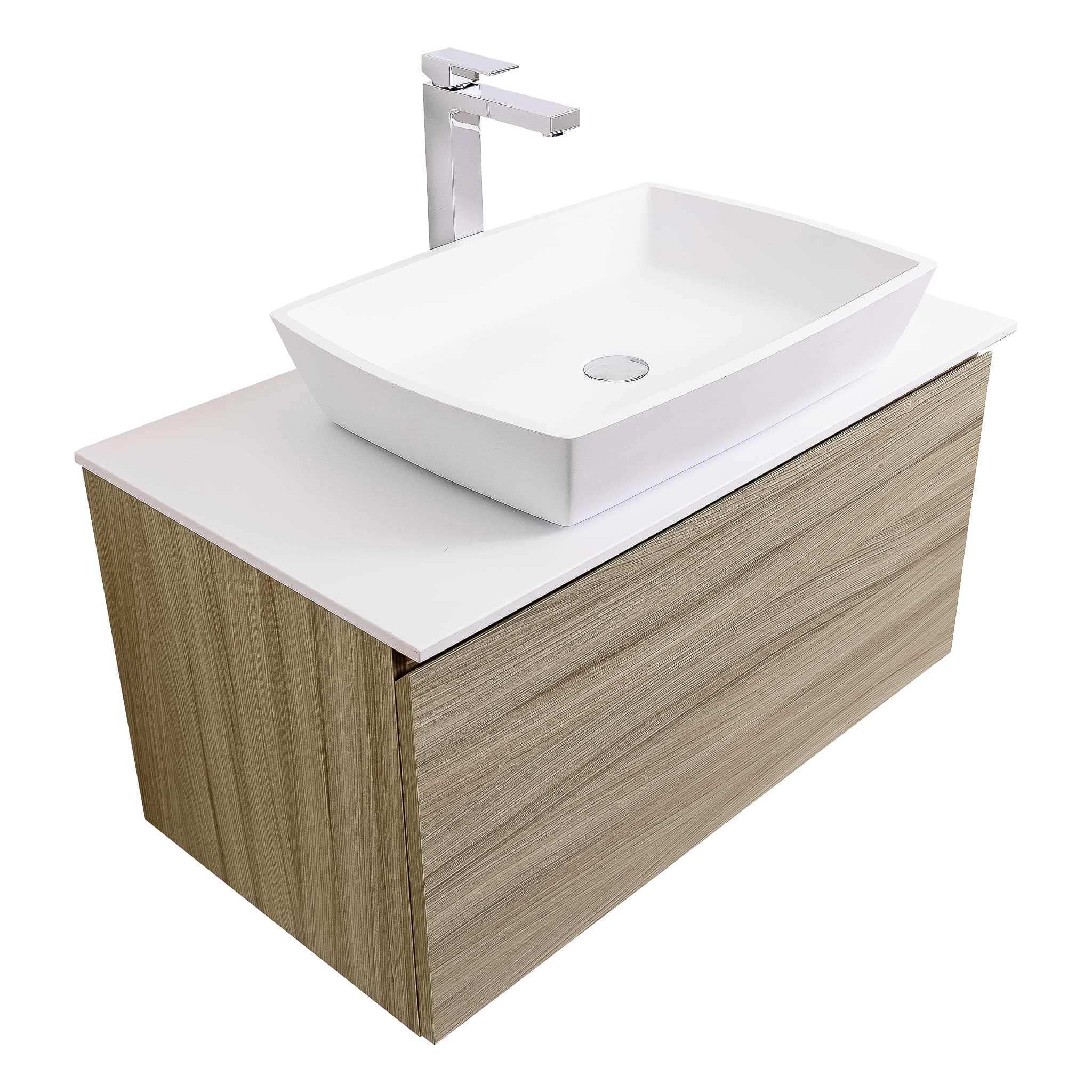 Venice 31.5 Nilo Grey Wood Texture Cabinet, Solid Surface Flat White Counter And Square Solid Surface White Basin 1316, Wall Mounted Modern Vanity Set