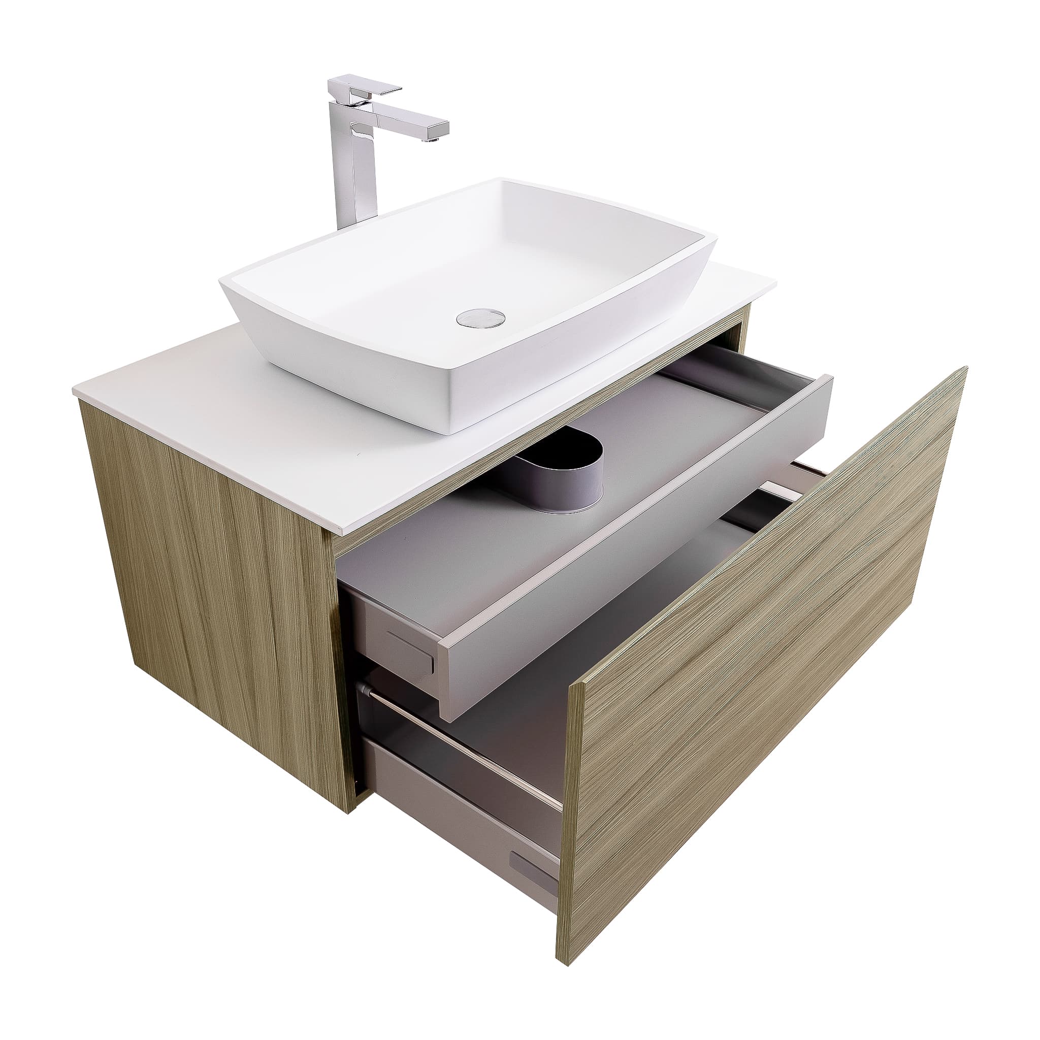 Venice 31.5 Nilo Grey Wood Texture Cabinet, Solid Surface Flat White Counter And Square Solid Surface White Basin 1316, Wall Mounted Modern Vanity Set