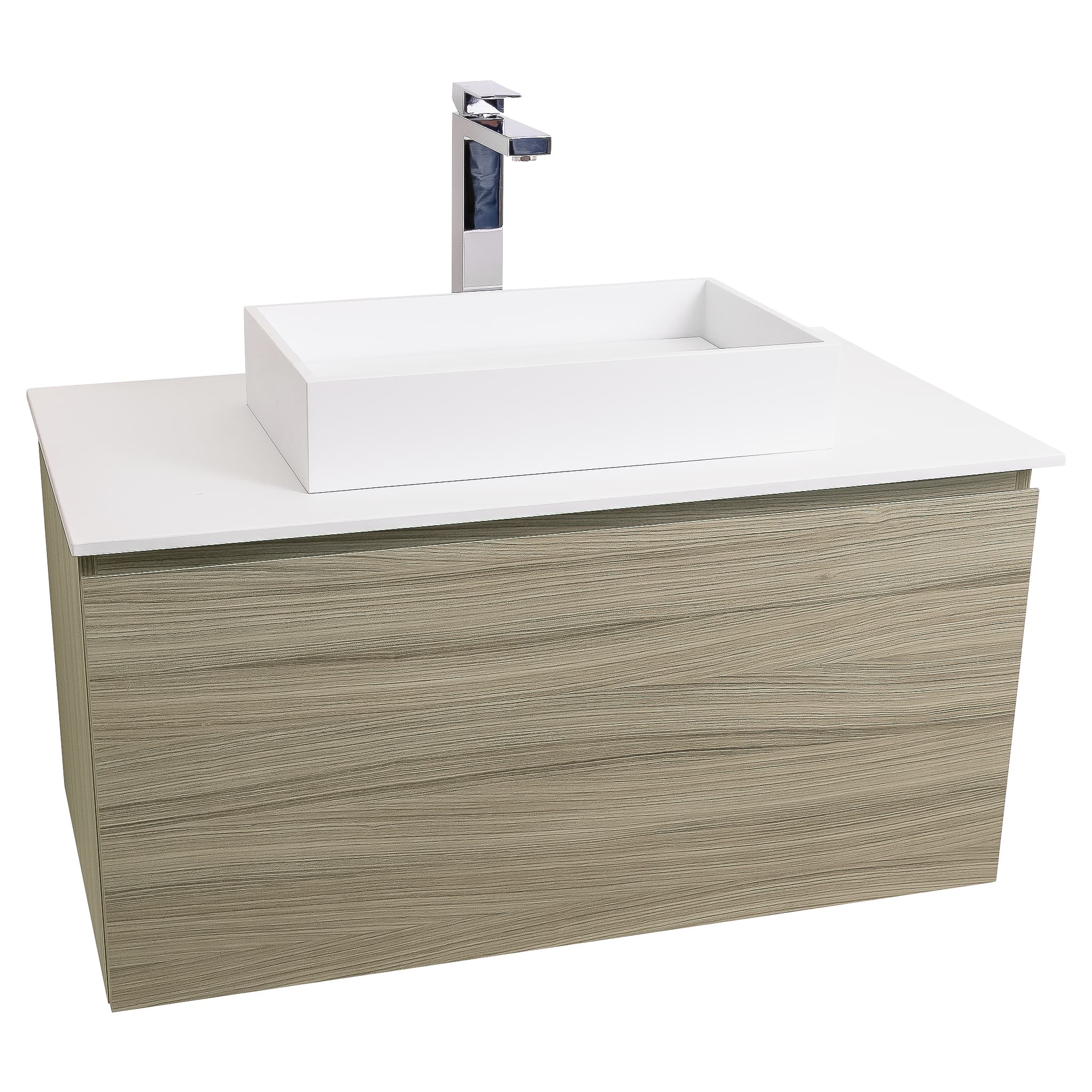 Venice 31.5 Nilo Grey Wood Texture Cabinet, Solid Surface Flat White Counter And Infinity Square Solid Surface White Basin 1329, Wall Mounted Modern Vanity Set