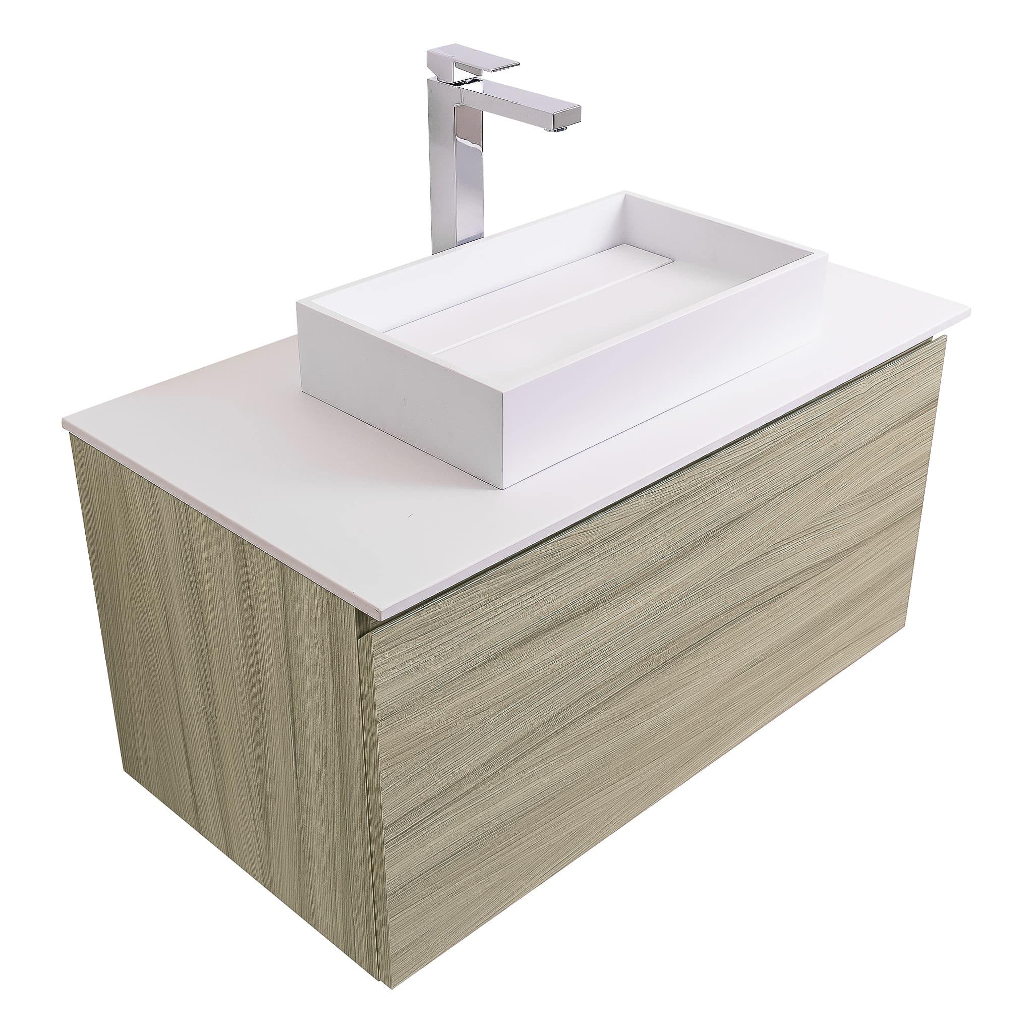 Venice 31.5 Nilo Grey Wood Texture Cabinet, Solid Surface Flat White Counter And Infinity Square Solid Surface White Basin 1329, Wall Mounted Modern Vanity Set