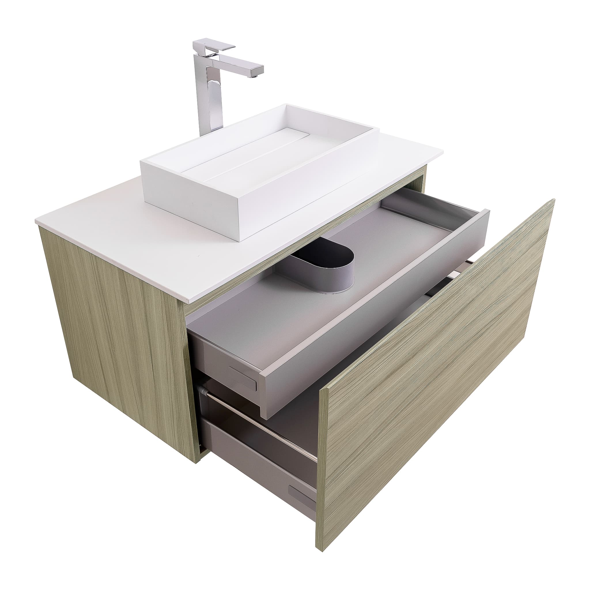 Venice 31.5 Nilo Grey Wood Texture Cabinet, Solid Surface Flat White Counter And Infinity Square Solid Surface White Basin 1329, Wall Mounted Modern Vanity Set