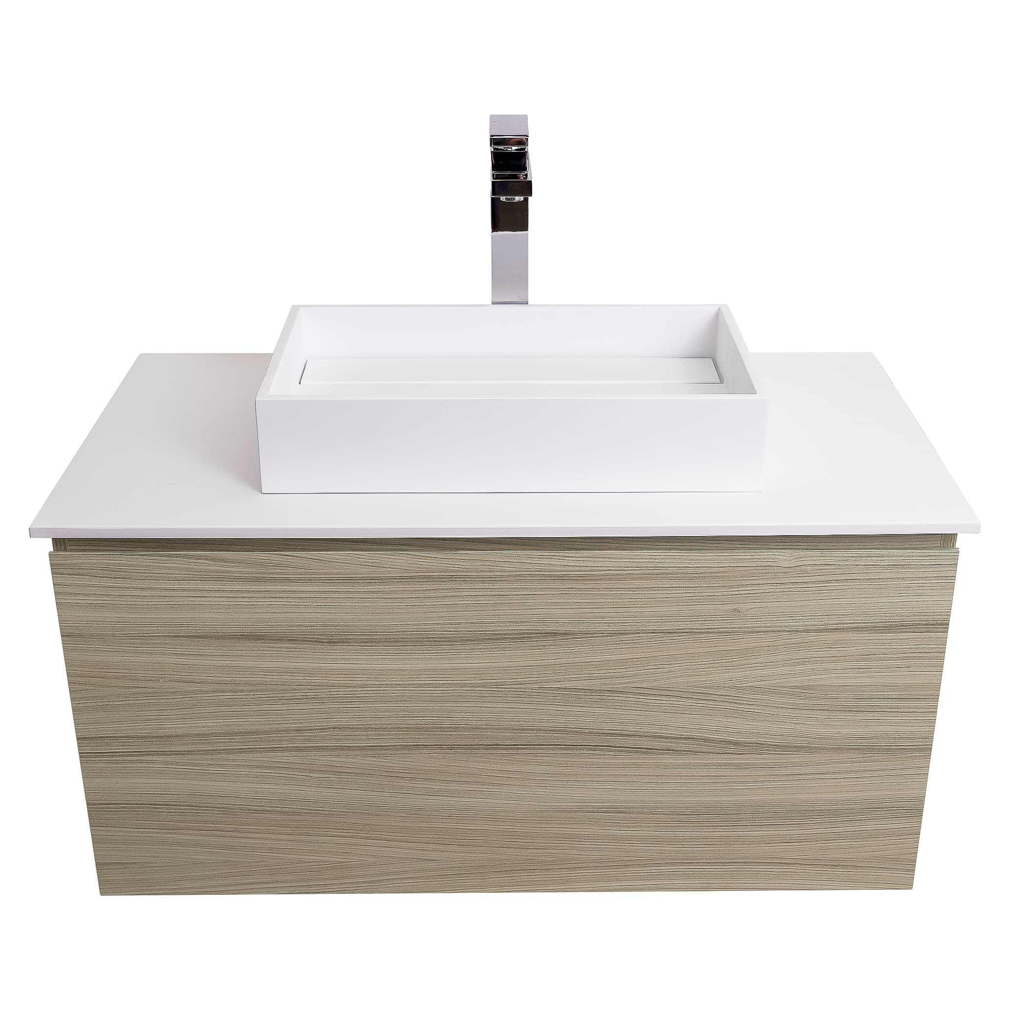 Venice 31.5 Nilo Grey Wood Texture Cabinet, Solid Surface Flat White Counter And Infinity Square Solid Surface White Basin 1329, Wall Mounted Modern Vanity Set