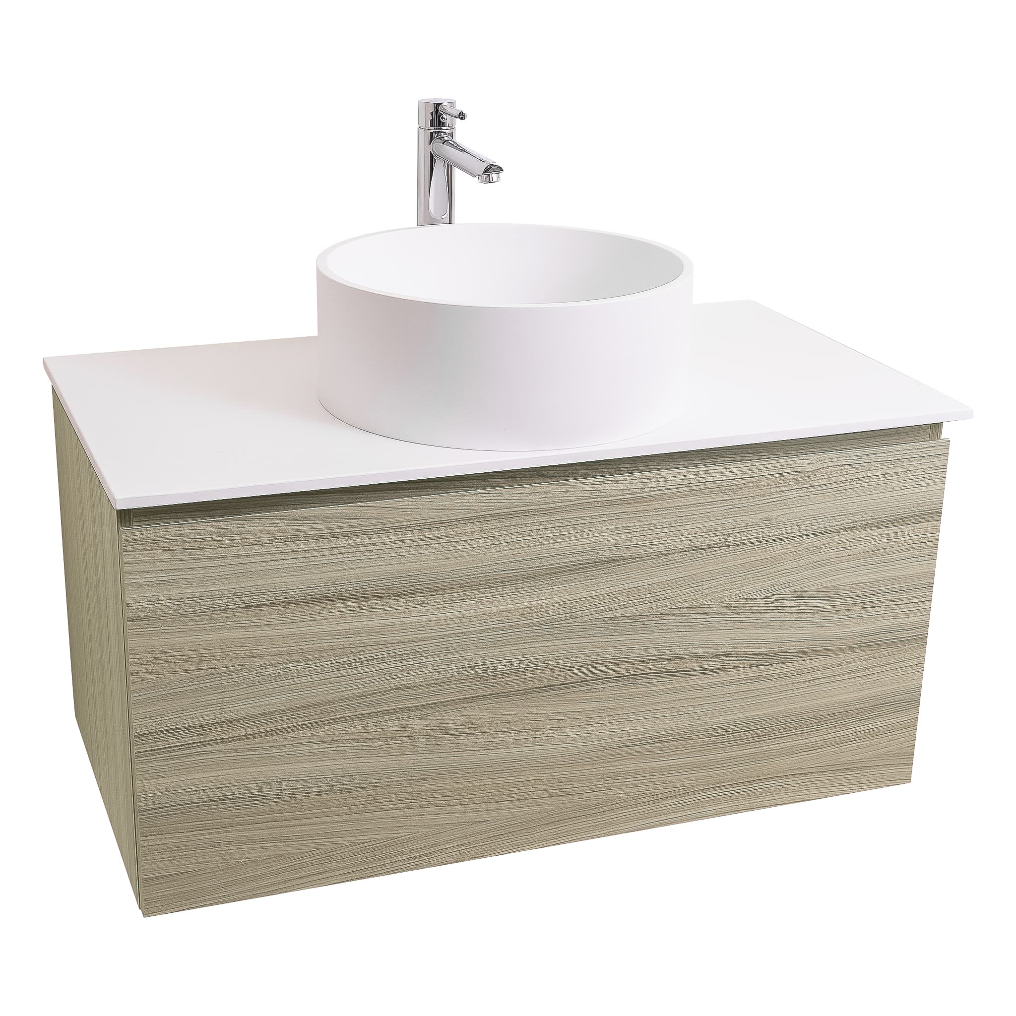 Venice 31.5 Nilo Grey Wood Texture Cabinet, Solid Surface Flat White Counter And Round Solid Surface White Basin 1386, Wall Mounted Modern Vanity Set