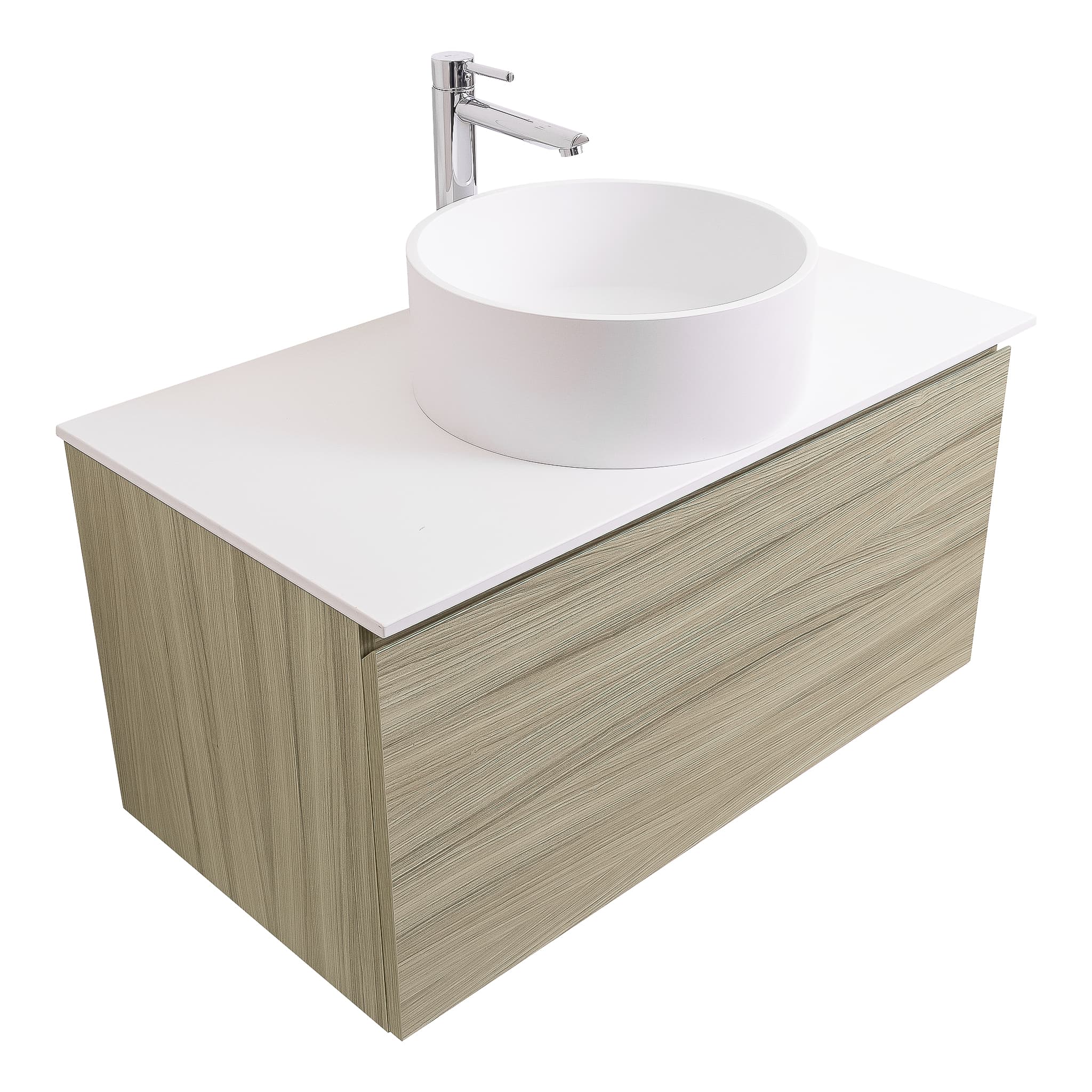 Venice 31.5 Nilo Grey Wood Texture Cabinet, Solid Surface Flat White Counter And Round Solid Surface White Basin 1386, Wall Mounted Modern Vanity Set