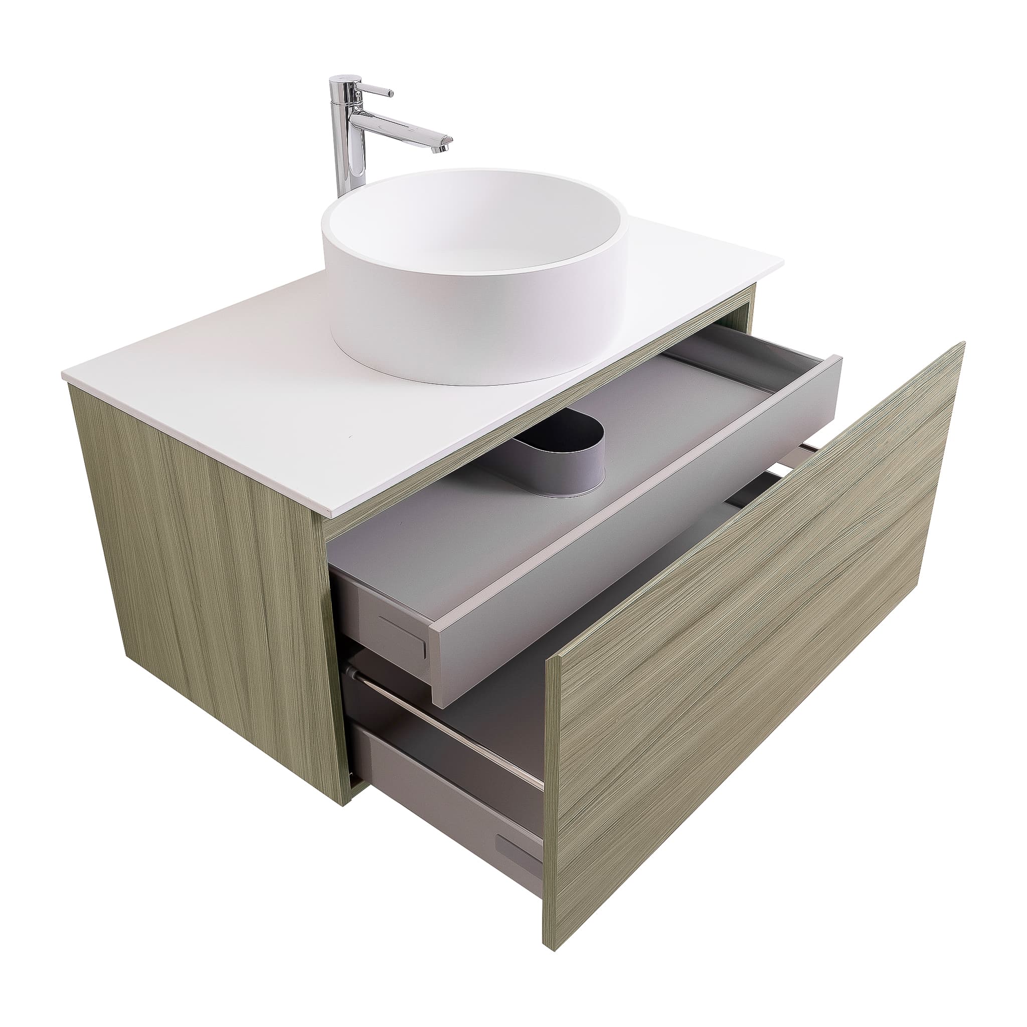 Venice 31.5 Nilo Grey Wood Texture Cabinet, Solid Surface Flat White Counter And Round Solid Surface White Basin 1386, Wall Mounted Modern Vanity Set