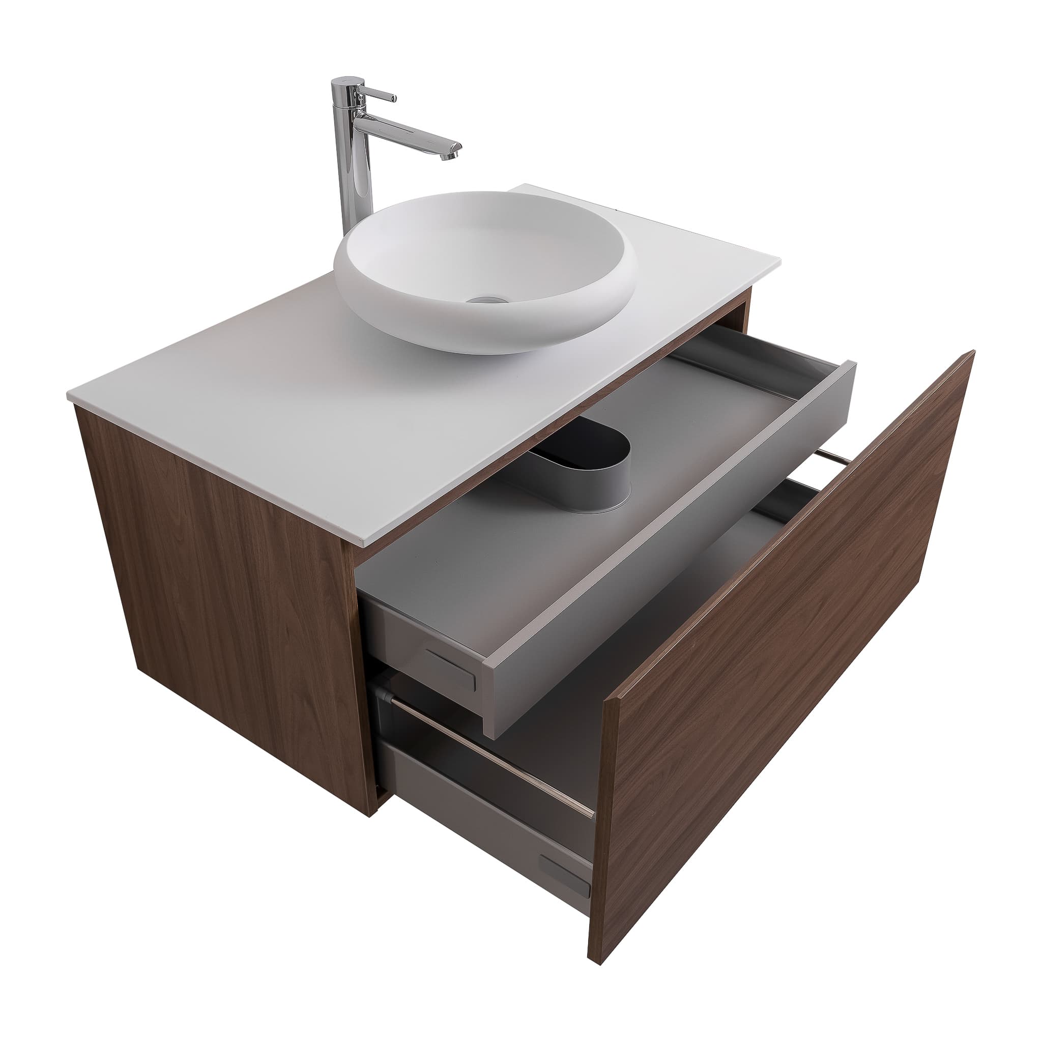 Venice 31.5 Walnut Wood Texture Cabinet, Solid Surface Flat White Counter And Round Solid Surface White Basin 1153, Wall Mounted Modern Vanity Set