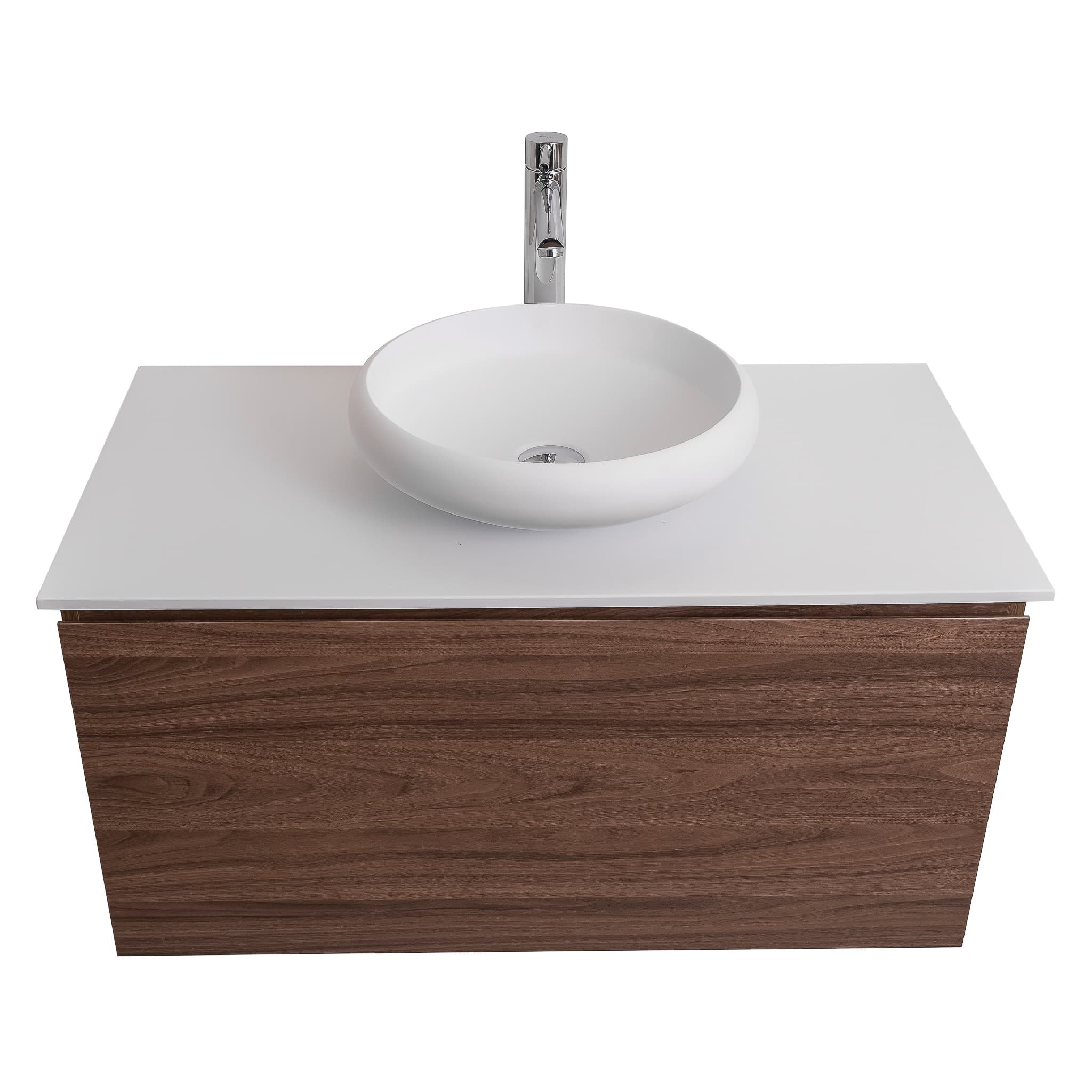 Venice 31.5 Walnut Wood Texture Cabinet, Solid Surface Flat White Counter And Round Solid Surface White Basin 1153, Wall Mounted Modern Vanity Set