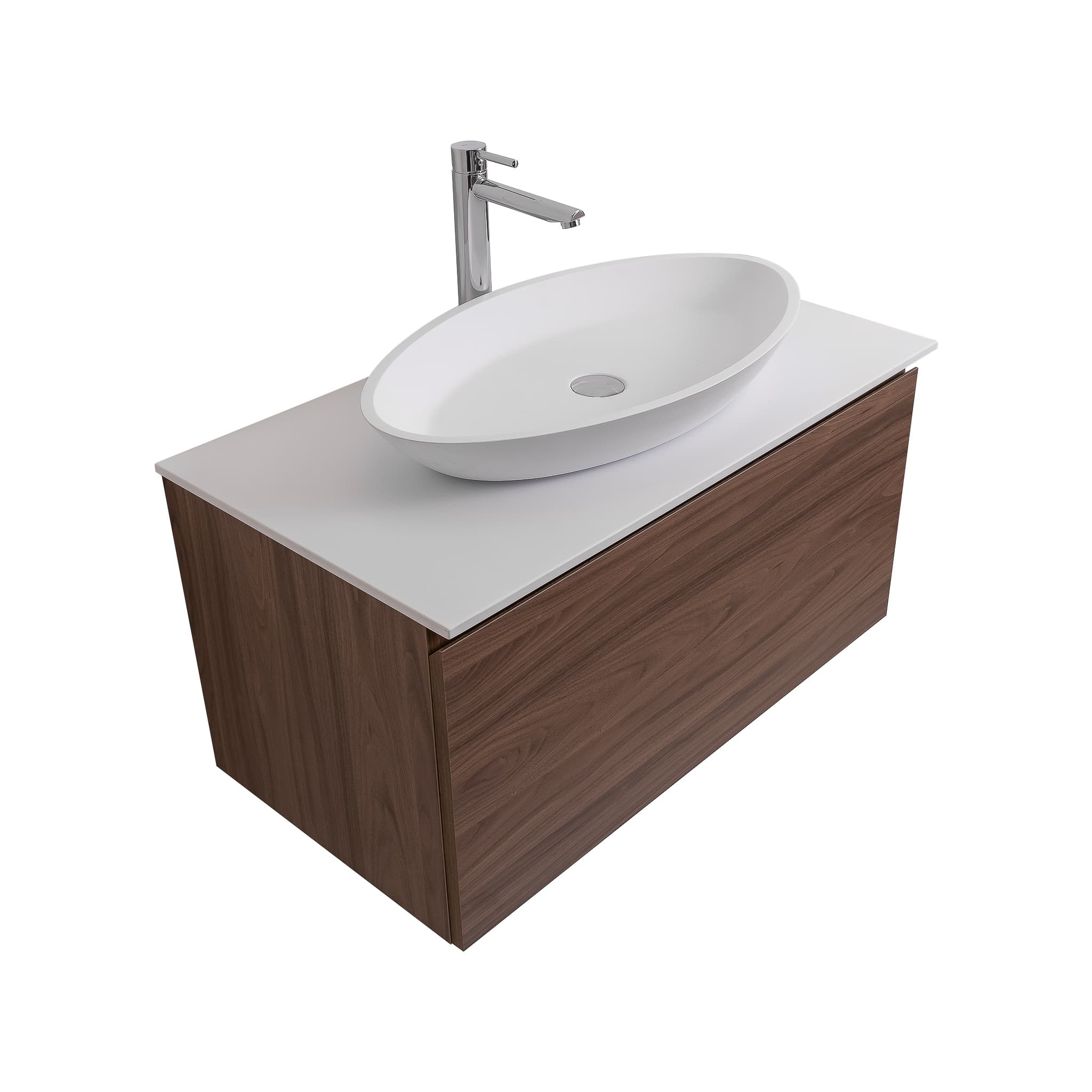 Venice 31.5 Walnut Wood Texture Cabinet, Solid Surface Flat White Counter And Oval Solid Surface White Basin 1305, Wall Mounted Modern Vanity Set