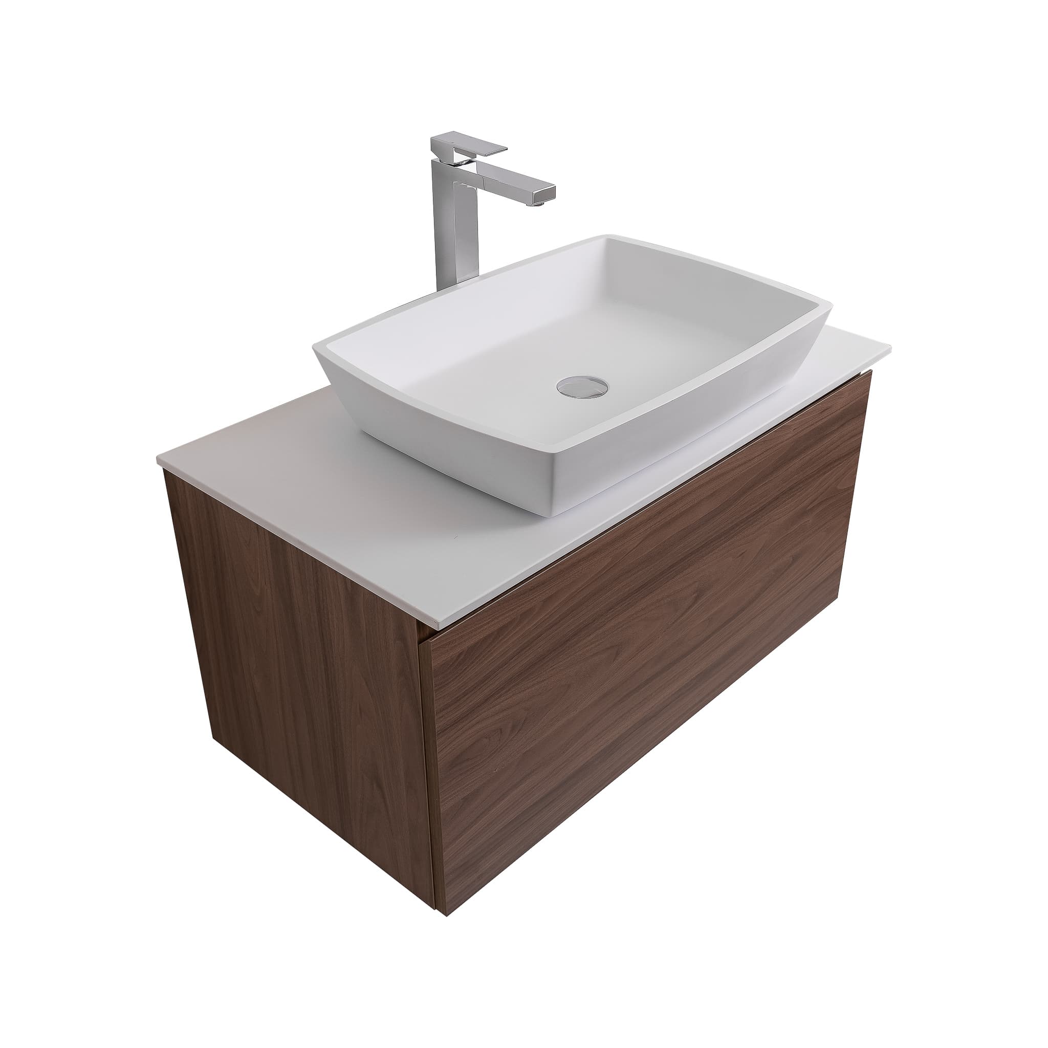 Venice 31.5 Walnut Wood Texture Cabinet, Solid Surface Flat White Counter And Square Solid Surface White Basin 1316, Wall Mounted Modern Vanity Set