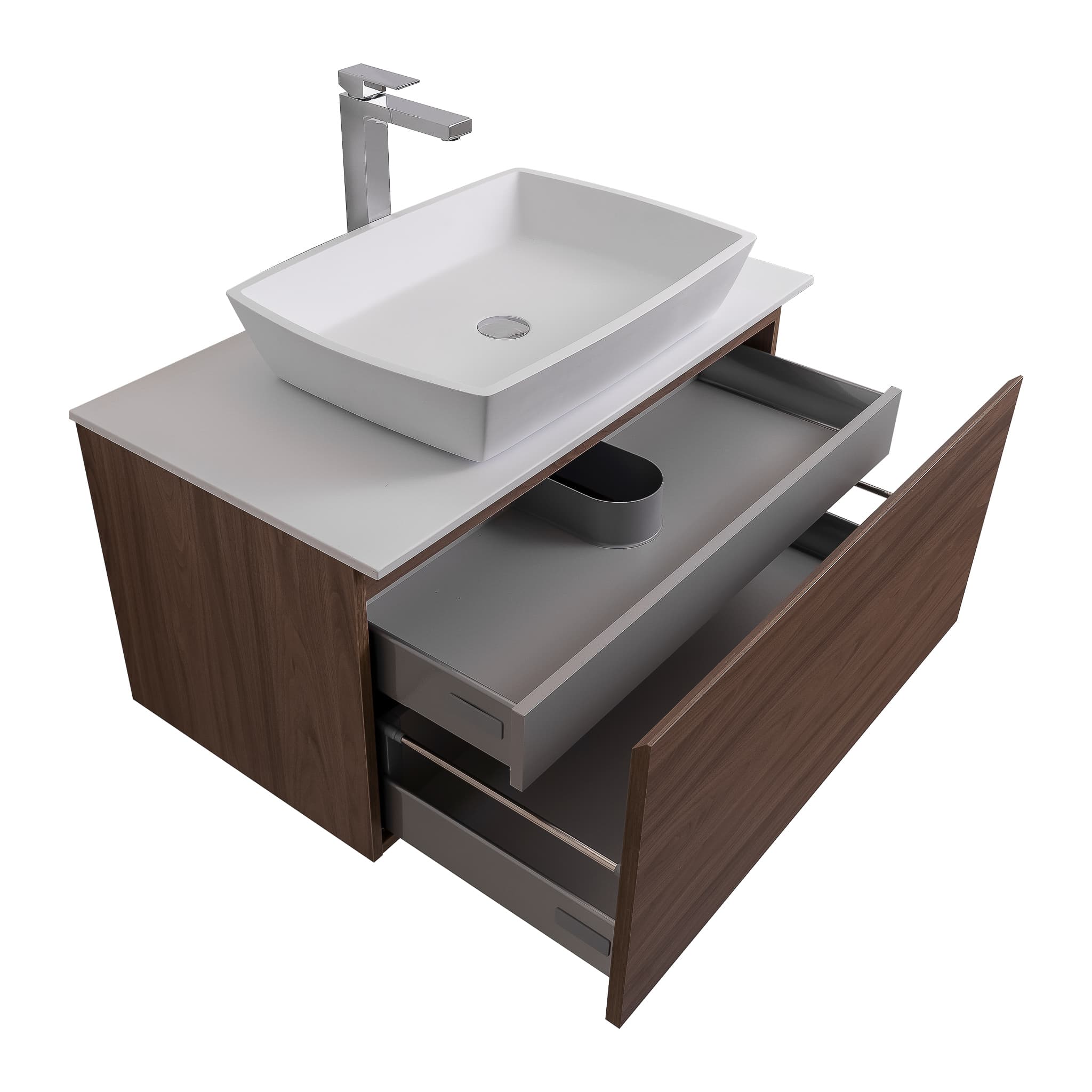 Venice 31.5 Walnut Wood Texture Cabinet, Solid Surface Flat White Counter And Square Solid Surface White Basin 1316, Wall Mounted Modern Vanity Set